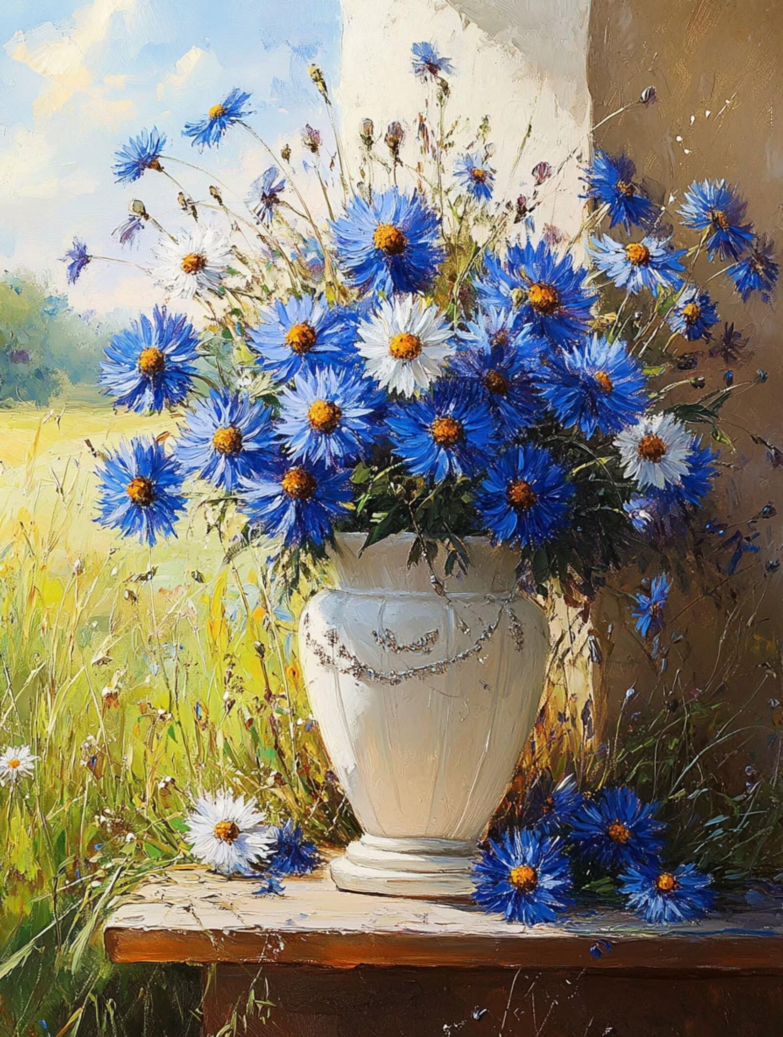 Zestaw do malowania diamentowego z niebieskimi kwiatami, 5D, dla dorosłych i dzieci, 60 x 80 cm, białe kwiaty, "zrób to sam", do samodzielnego wykonania, haft krzyżykowy, nadaje się jako prezent na