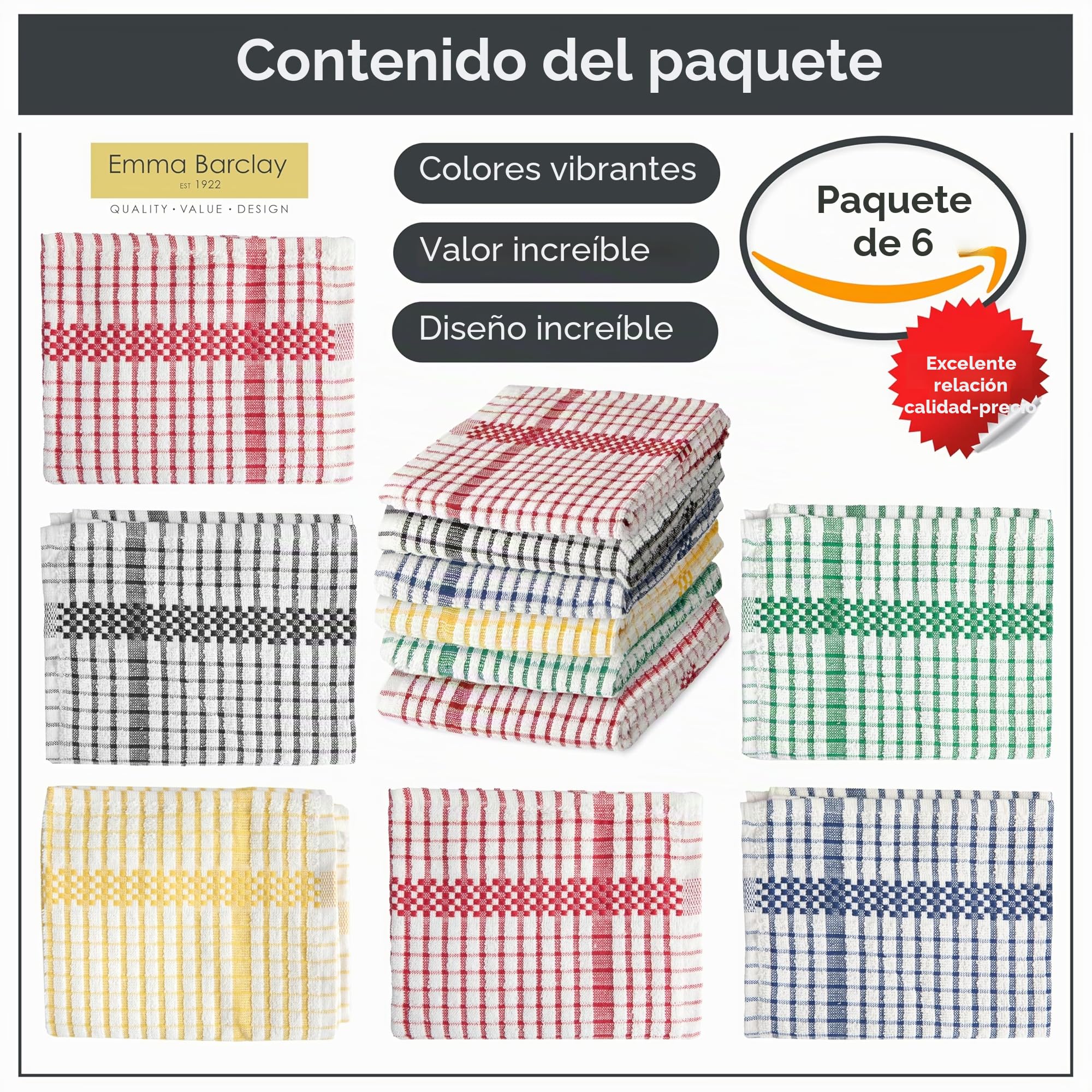 Emma Barclay Paños de Cocina de Rizo 100% algodón, Multicolor, Cocina, hogar, Esenciales, diseño de Cuadros Superdry, Paquete de 6