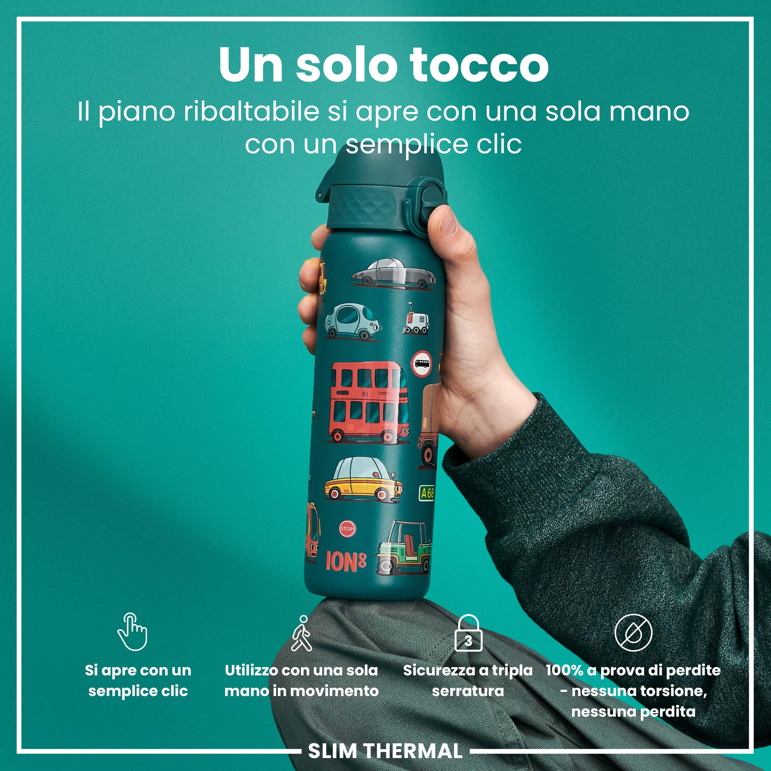 Ion8 Borraccia Termica in Acciaio Isolato, 500ml, a Prova di Perdite, Facile da Aprire, Serratura Sicura, Lavabile in Lavastoviglie, Maniglia per il Trasporto, Facile Pulizia, Durevole,Automobili