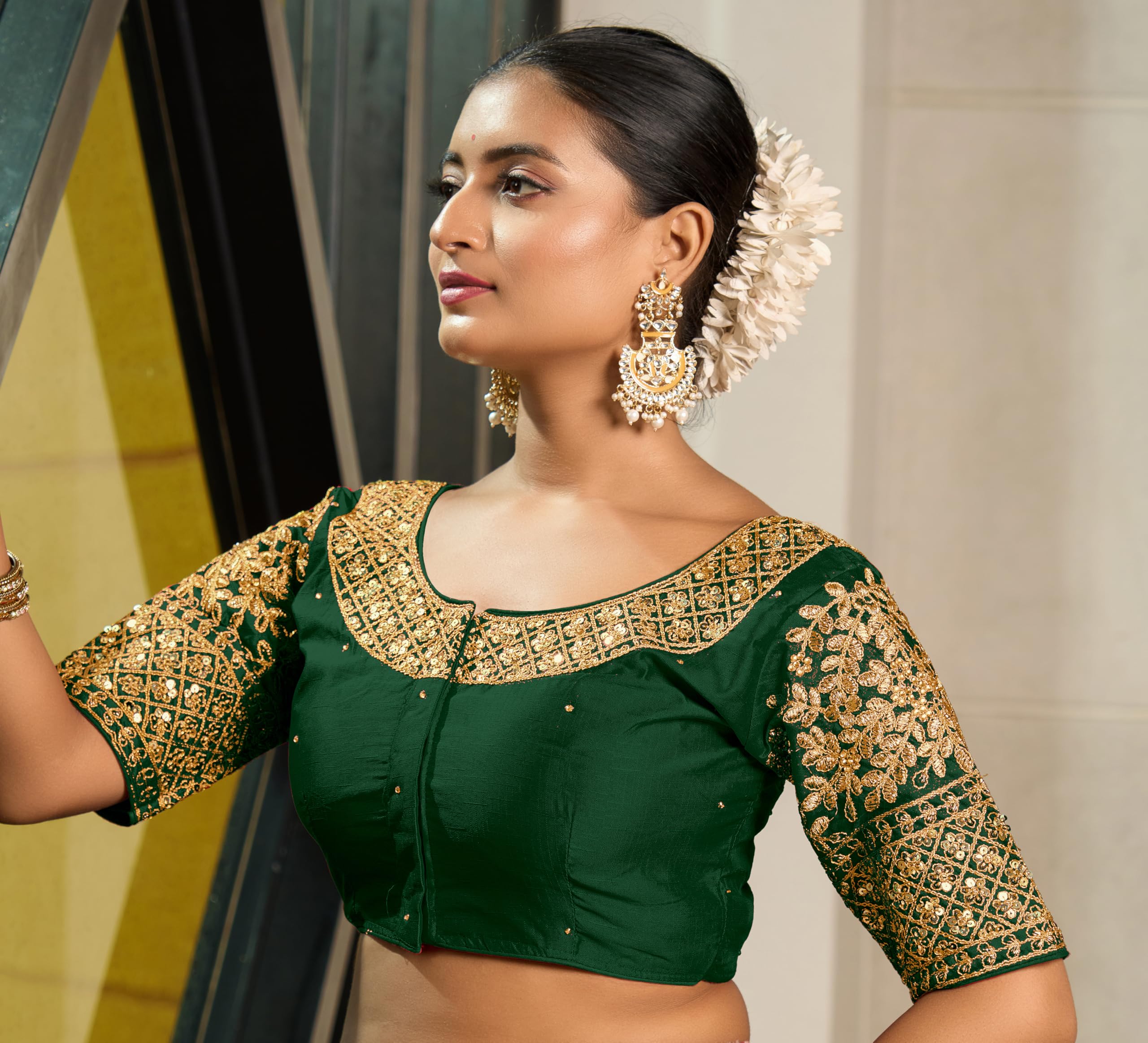 Vihu Fashion Women's Heavy Embroidery Coding With Sequins Work Half Sleeves Fancy Readymade Saree Blouse(Chamak Green_38)