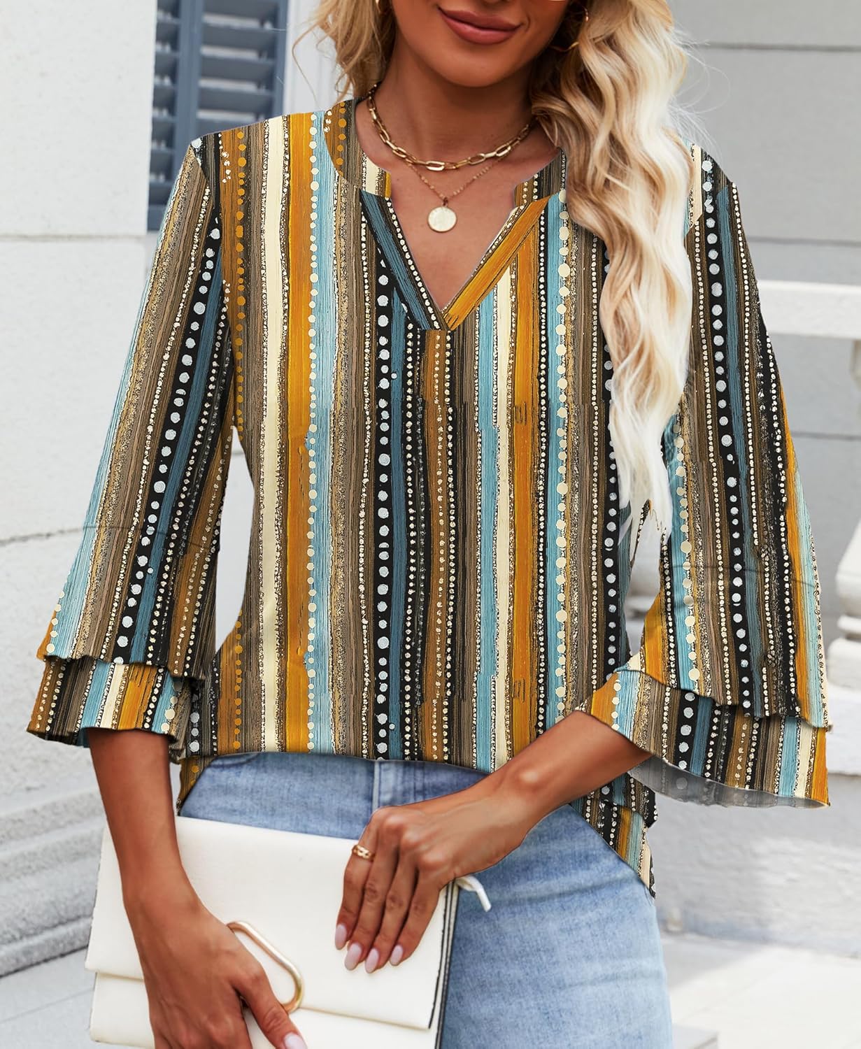 3/4 Length Sleeve Womens Tops V Neck Tunics Ruffle Sleeve Tops Blouses for Women Dressy Casual - Image 4