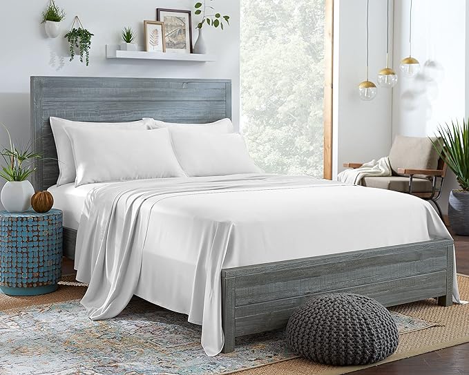 100% Organic Eucalyptus Bed Sheets Queen Size 4 Piece Set, Tencel Lyocell, Silky Soft & Smooth, Breathable, 16 Inch Deep Pockets, 1 Fitted, 1 Flat, 2 Pillowcases (Queen, White)