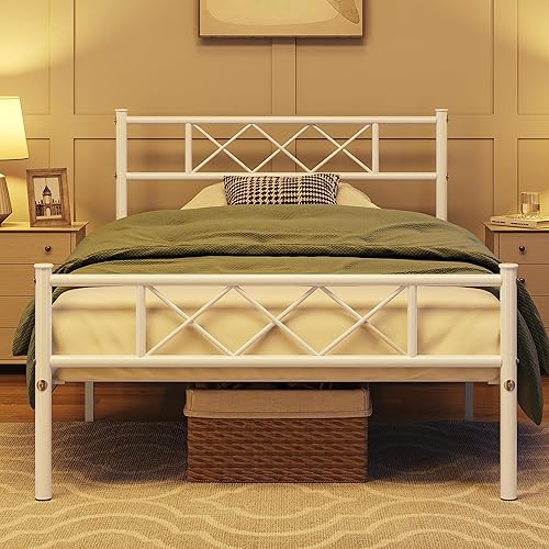 Miniatura 48 de Topeakmart Base de cama de metal negro con cabecero, base de colchón, cama de plataforma, base de cama con listones, tamaño individual Negro -,Blanco