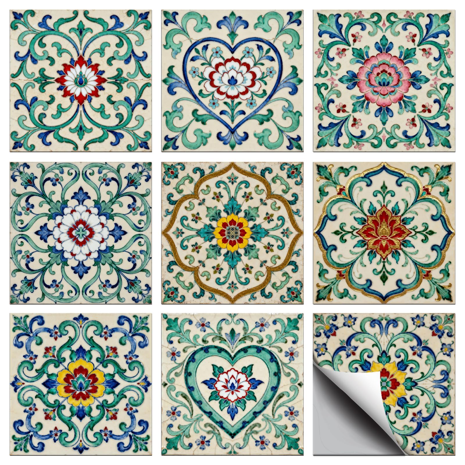 CONCHLERY 36 Pcs 9 Styles Blue and Green Flowers Patten Tile Sticker Classic Flowers Patten Wall Tile Stickers Waterproof Self Adhesive Stick on Decals for Kitchen Bathroom Wall Art 4×4 Inch — image 1