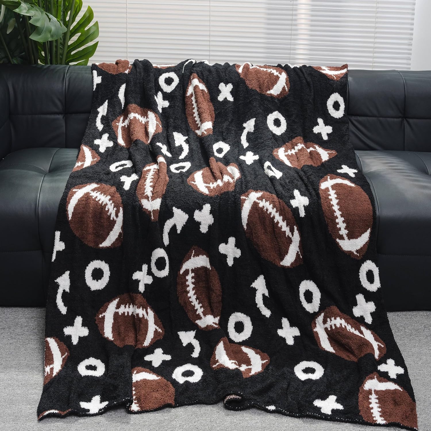 Cozy Football Throw Blanket, Lightweight Soft Sports Bedding for Adults Warm Plush Reversible Rugby Game Blanket Great Holiday Throw Blanket for Bed Sofa, Black Brown, 51x63 inches