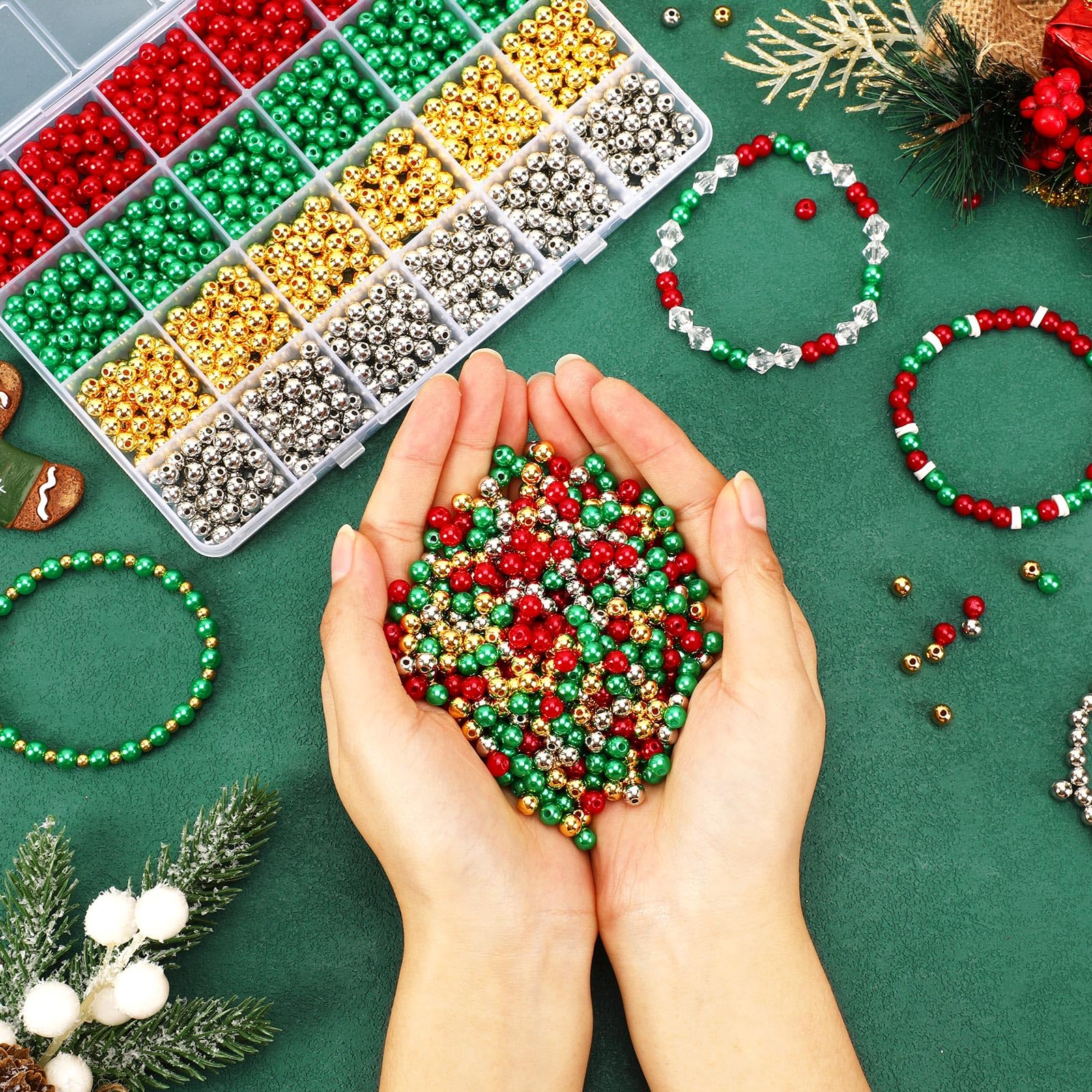 UPINS 1200 Pcs Christmas Pearl Beads, Red, Green, Gold - Image 3
