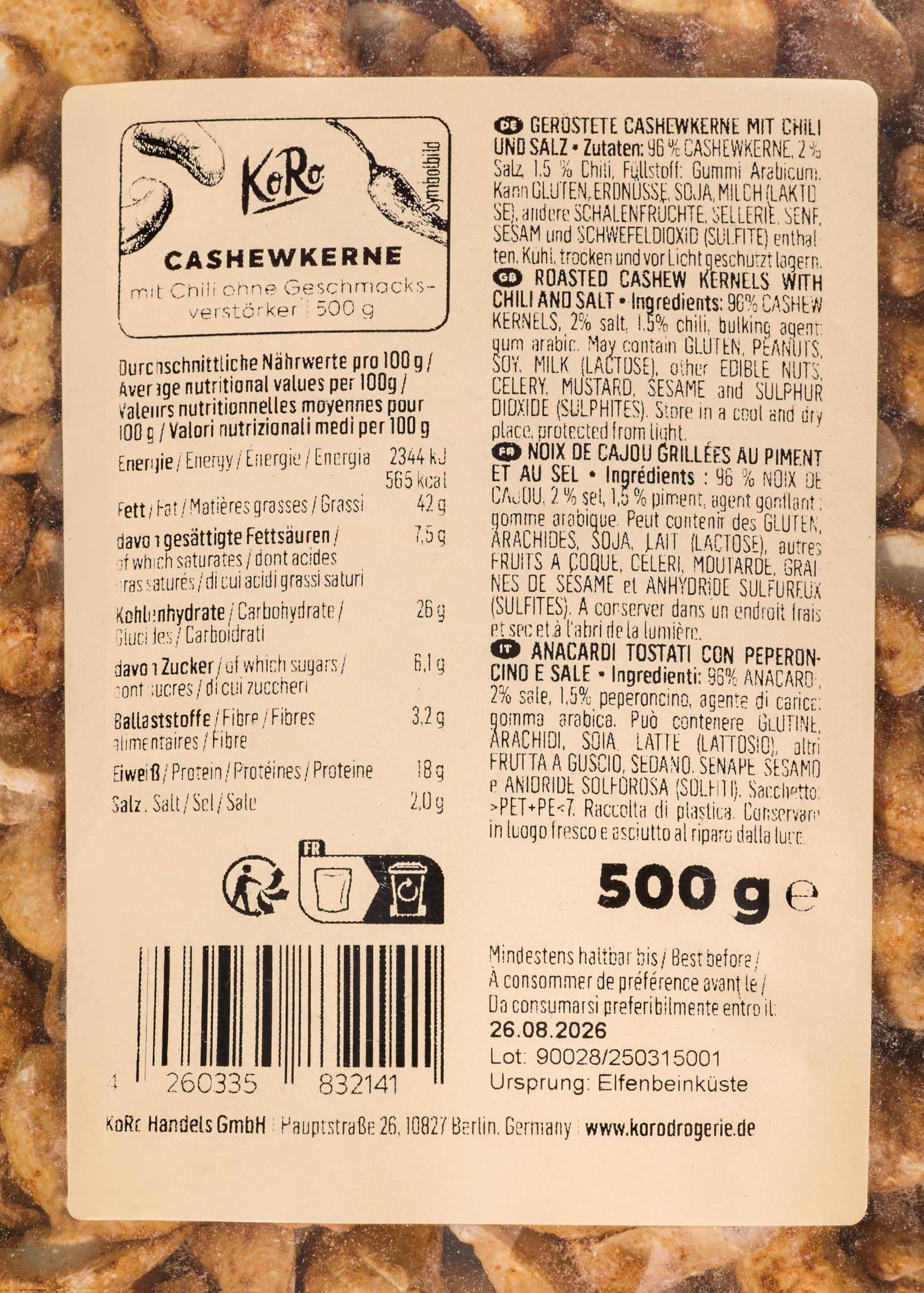 KoRo - Noix de cajou au piment 500 g - Snack épicé à base de noix de cajou et de poudre de chili