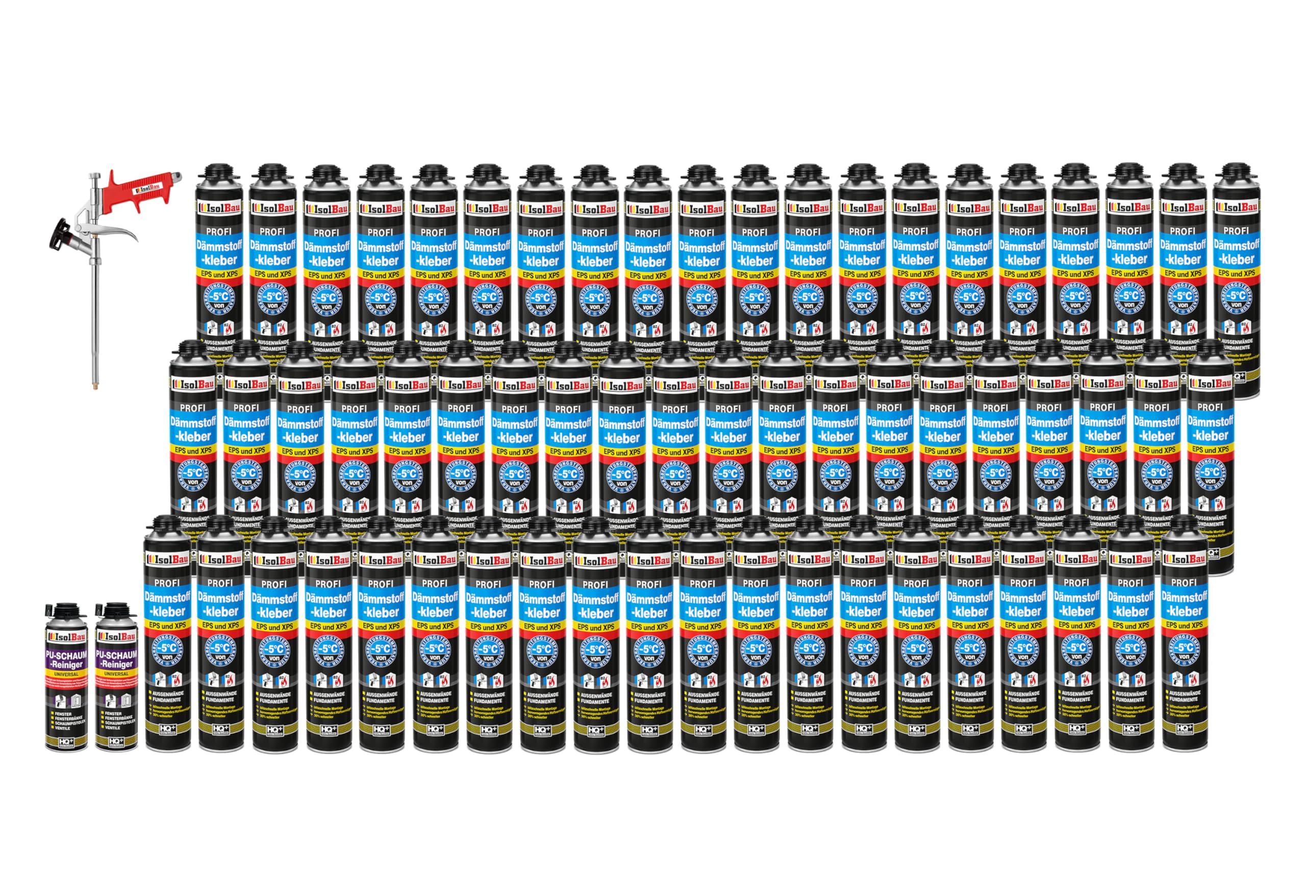 Isolbau B2 Dämmstoffkleber SET - 60 x 750 ml Perimeterkleber, 2 x PU-Schaum-Reiniger & 1x Schaumpistole für EPS & XPS-Platten - 1K PU-Klebeschaum für Fixieren und Dämmung