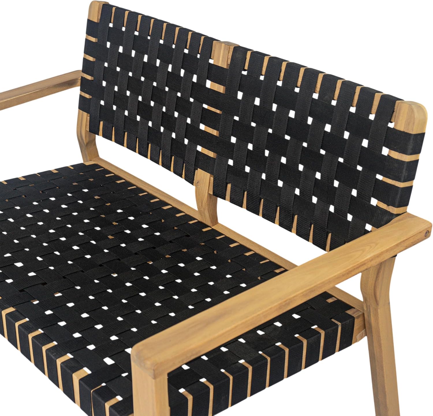 Merax Patio Furniture Acacia Wood Bench, Woven Rope Outdoor Loveseat Sofa, 2-Person Deep Seating Porch Bench for Garden, Backyard Park Balcony, Light Teak Finish & Black