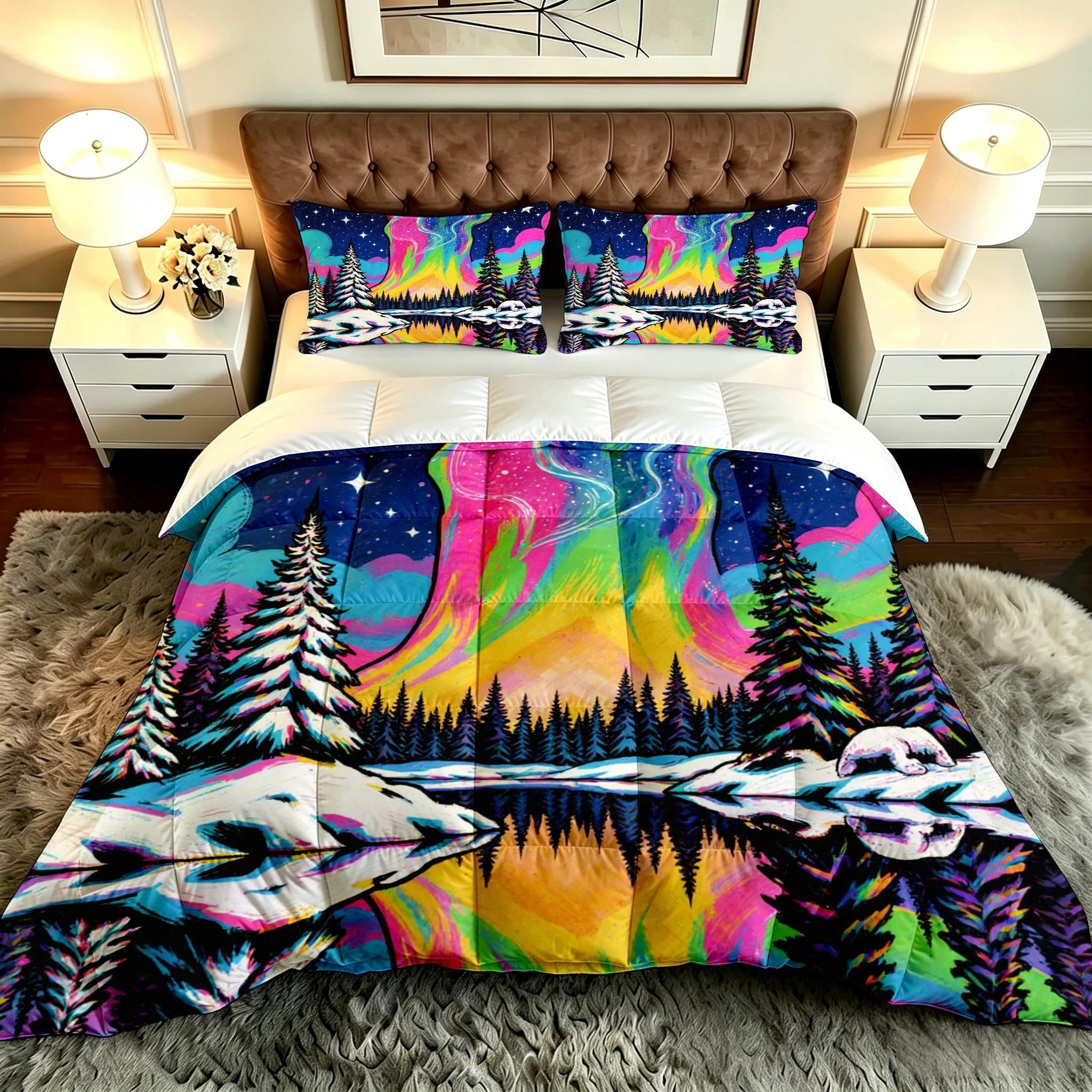 Juego de cama 220x240 suave y ligero de 3 piezas aurora colorida F34