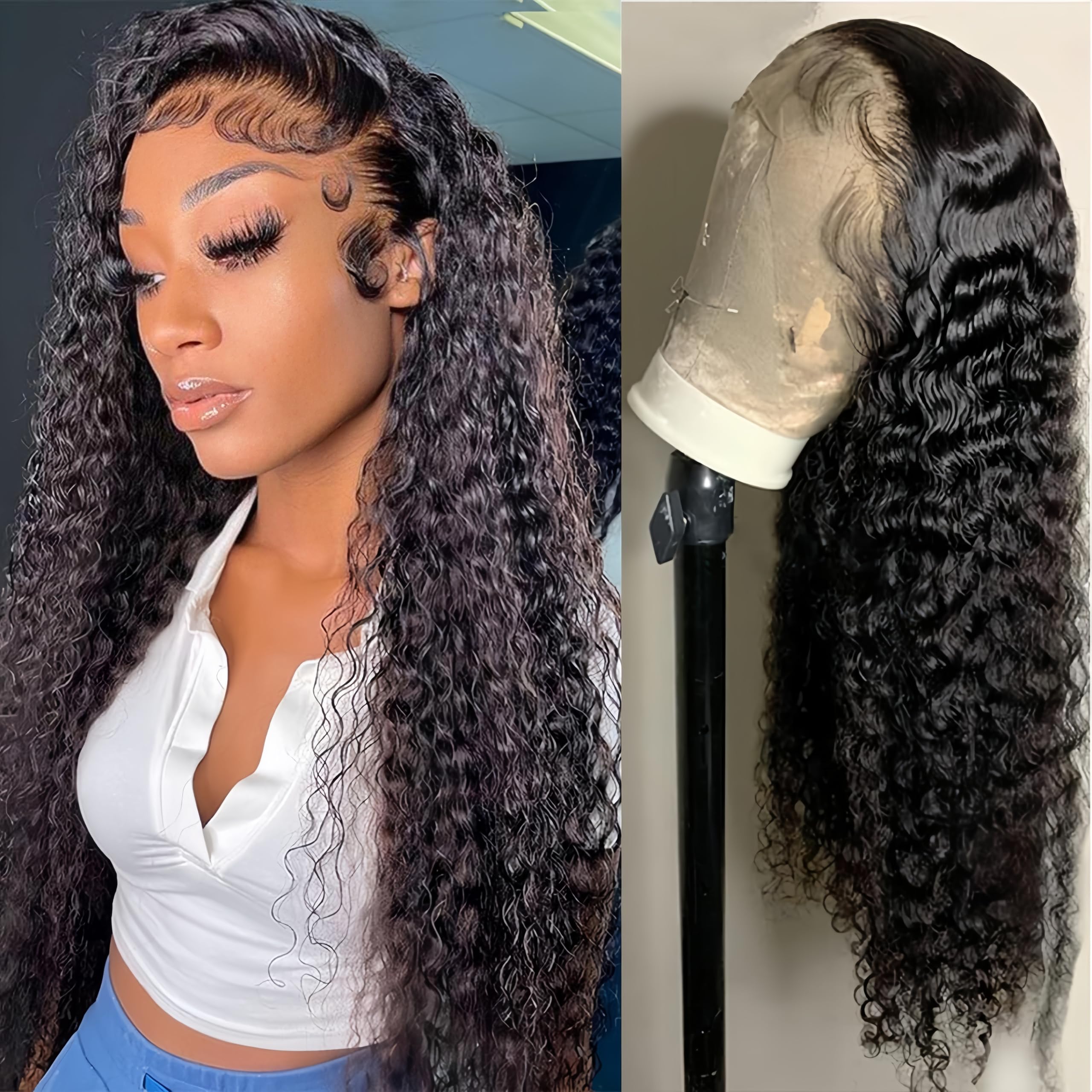 Peluca Brasileña Natural 13x4 Lace Frontal Water Wave Wig Pelucas Mujer Pelo Rizado Peluca Brasileña Cabello Humano Natural Wavy Free Part 150% Density 16 Pulgadas Color Negro Natural