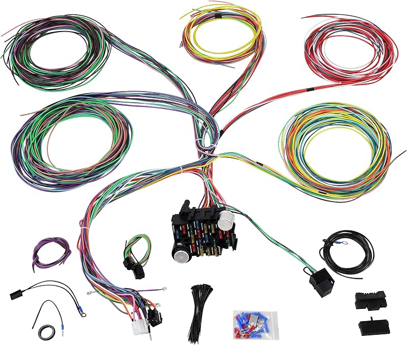 Universal 21 Circuit Wiring Harness Kit with 17 Fuses | Extra Long Wires, Standard Color Wiring, Compatible with GM Chevy Ford Mopar Chrysler Hot Rods