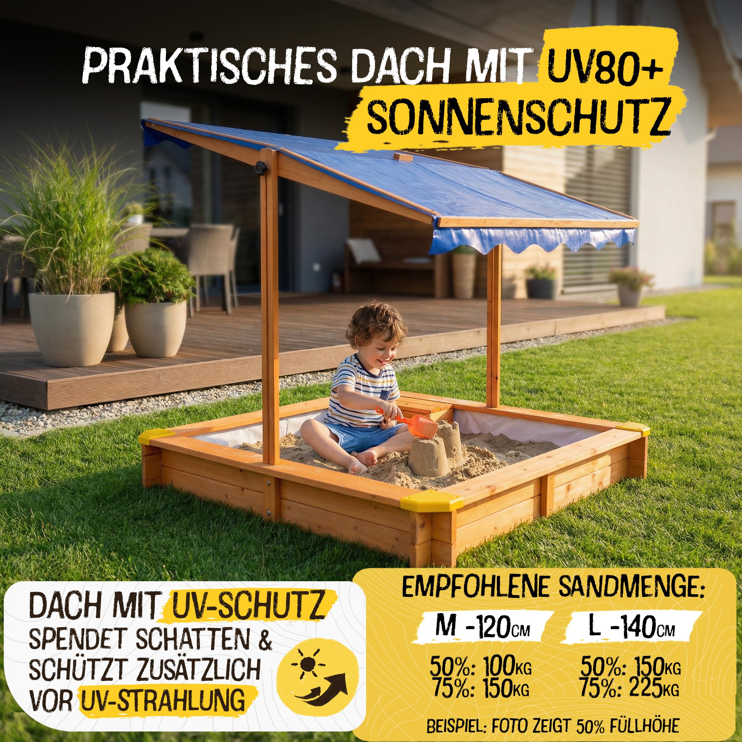 FRIEDO - Sandkasten mit Dach (UV80+) & Matschküche 140x140 cm - Sandkiste inklusive Bodenvlies gegen Unkraut und Ungeziefer - Sandkasten mit Abdeckung für Kinder (L - 140x140cm)