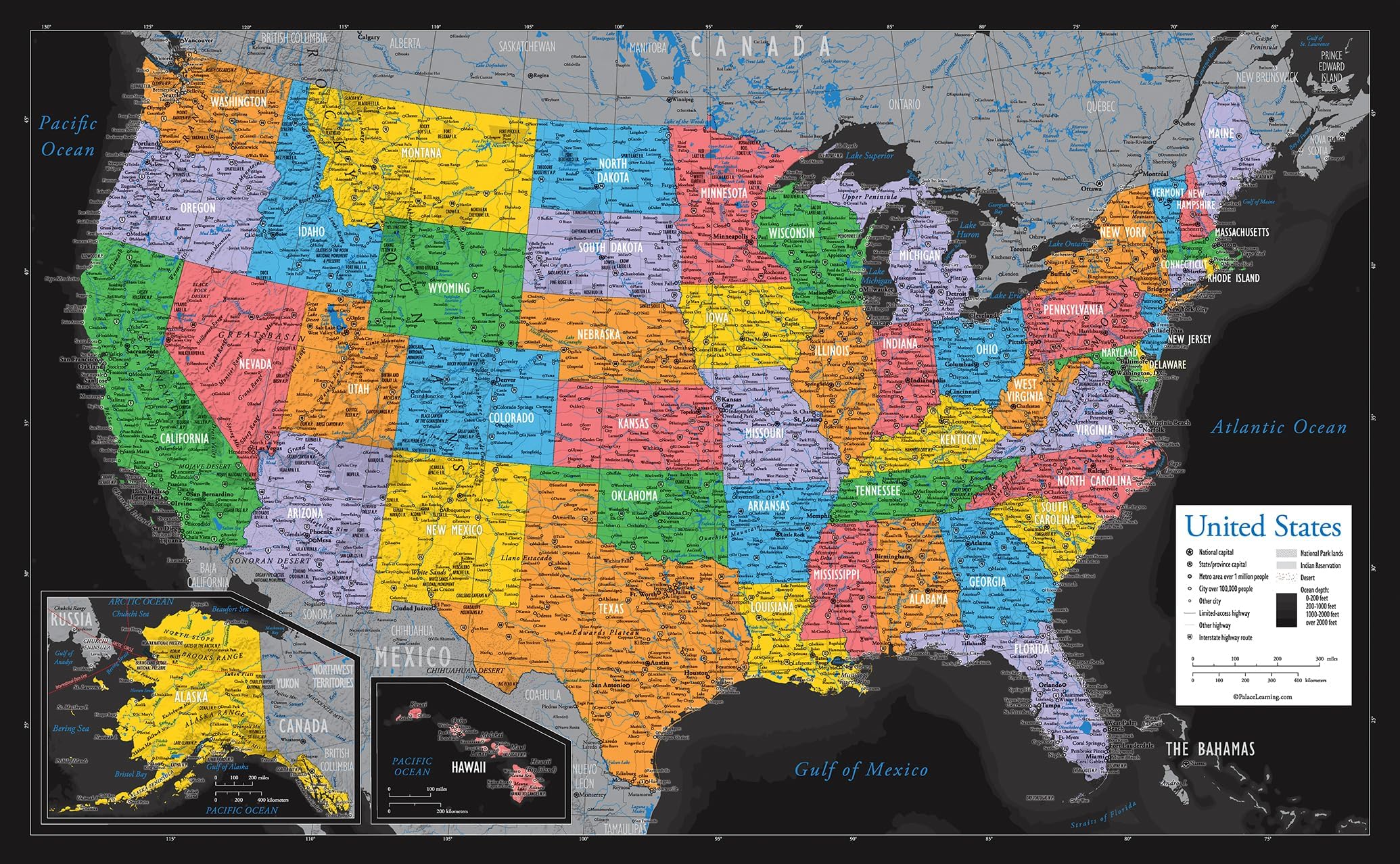 Palace Learning Laminated United States Map Poster - US Map Wall Chart - Made in the USA [Black]