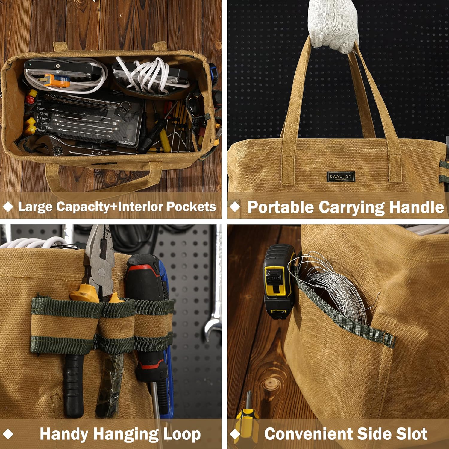 Open Top Tool Bag, Heavy Duty 16oz Waxed Canvas Tool Bag with Inside Pockets & Sturdy Handles - for Gardner Carpenter Craftsman - Tool Tote Bag Pouch | 15"Lx7"Wx10"H | Khaki - Image 5