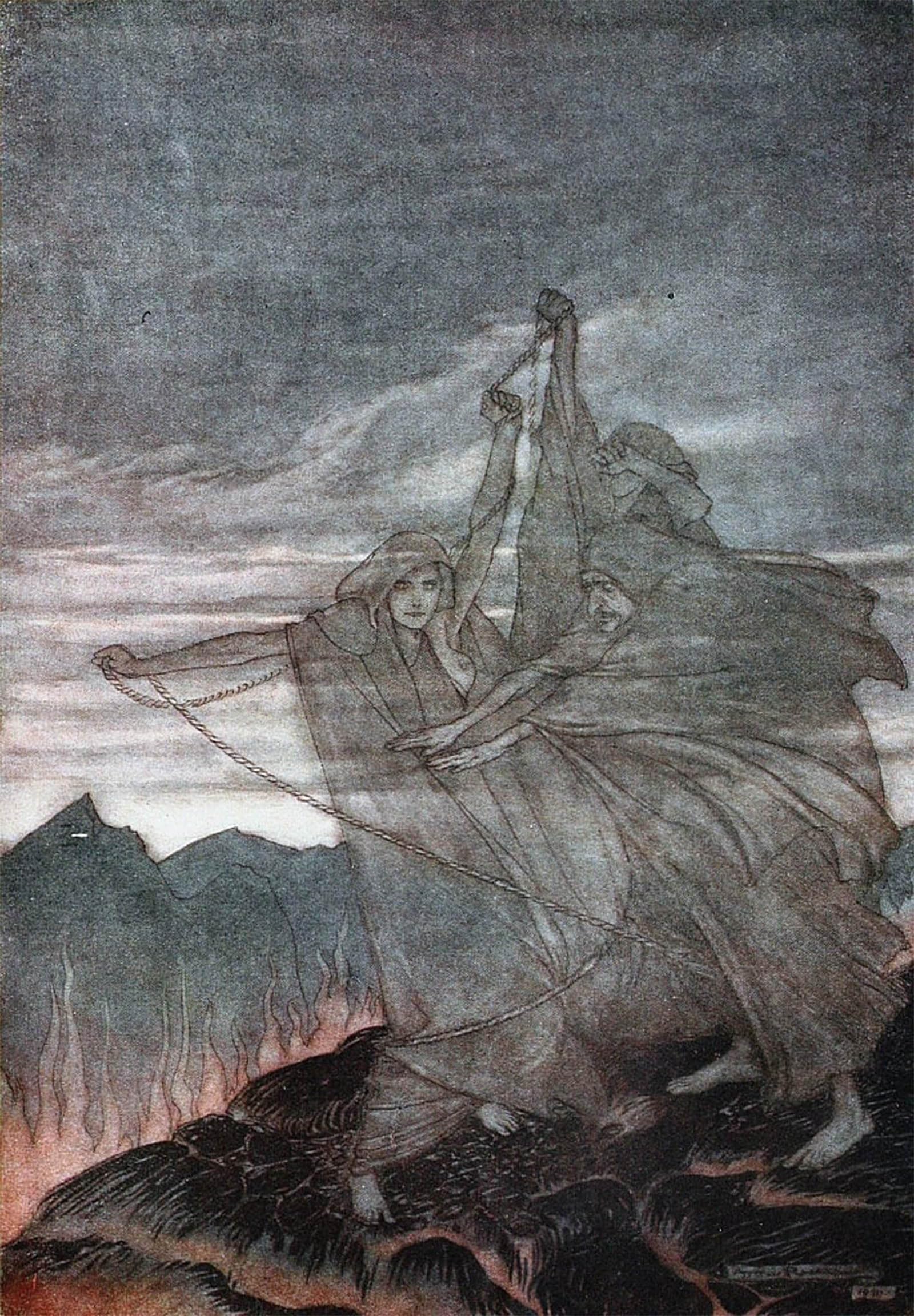 ARTXLXXBN Famous Prints Artwork Pictures Poster Painting Art the Norns Vanish for Siegfried and the Twilight of the Gods by Arthur Rackham Artwork Landscape Pictures for Home Decor 60x90cm