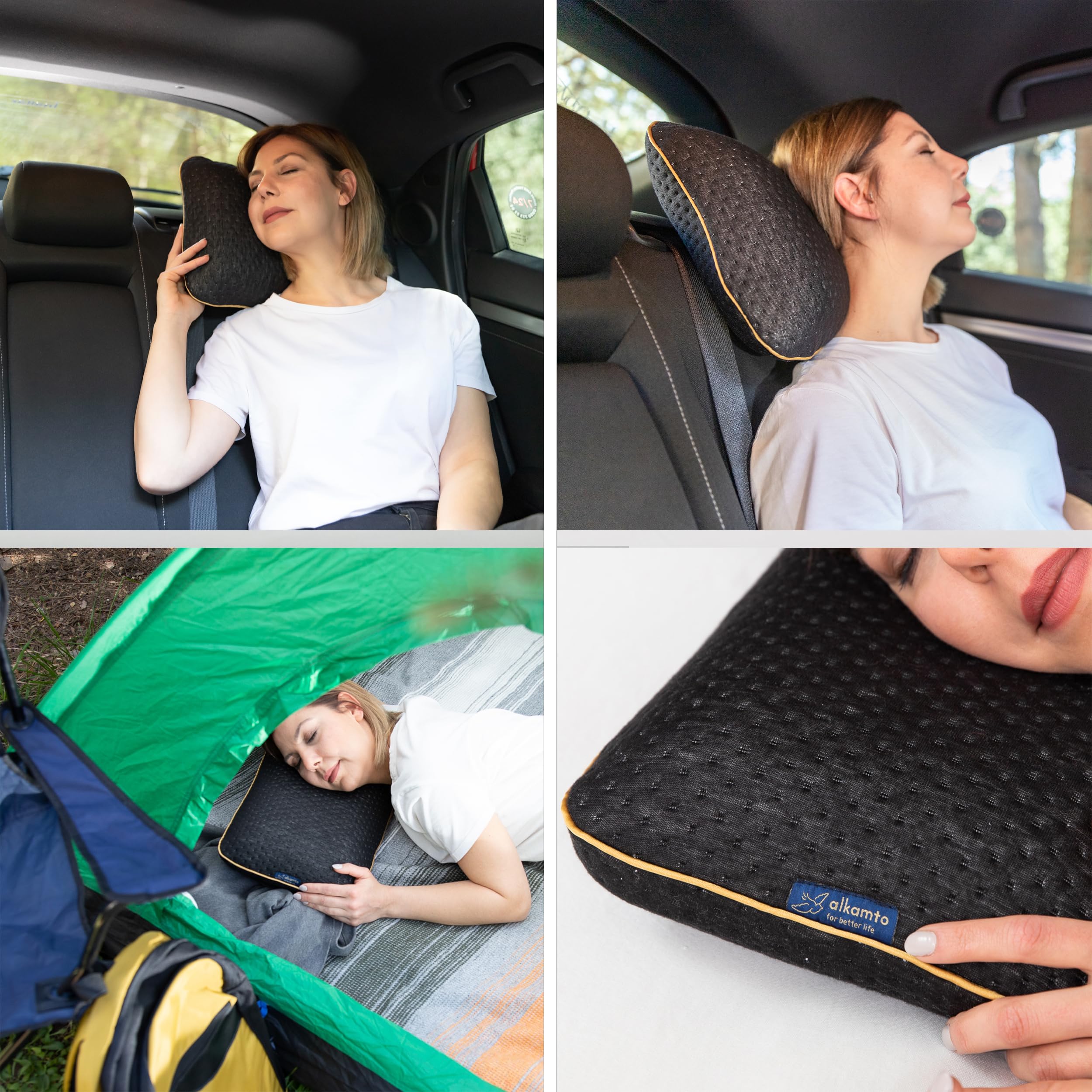 alkamto Cuscino da viaggio – Supporto ergonomico per il collo da campeggio in memory foam con federa termoregolante – Borsa da viaggio impermeabile inclusa (Nero)