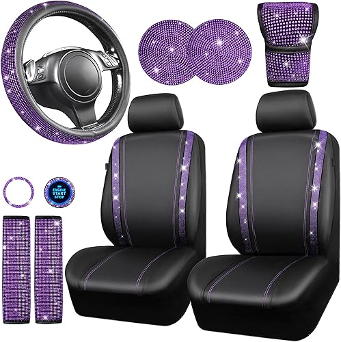 CAR PASS Juego de 11 fundas de asiento de cuero con diamantes de imitación brillantes para mujer, juego de fundas de volante con diamantes de