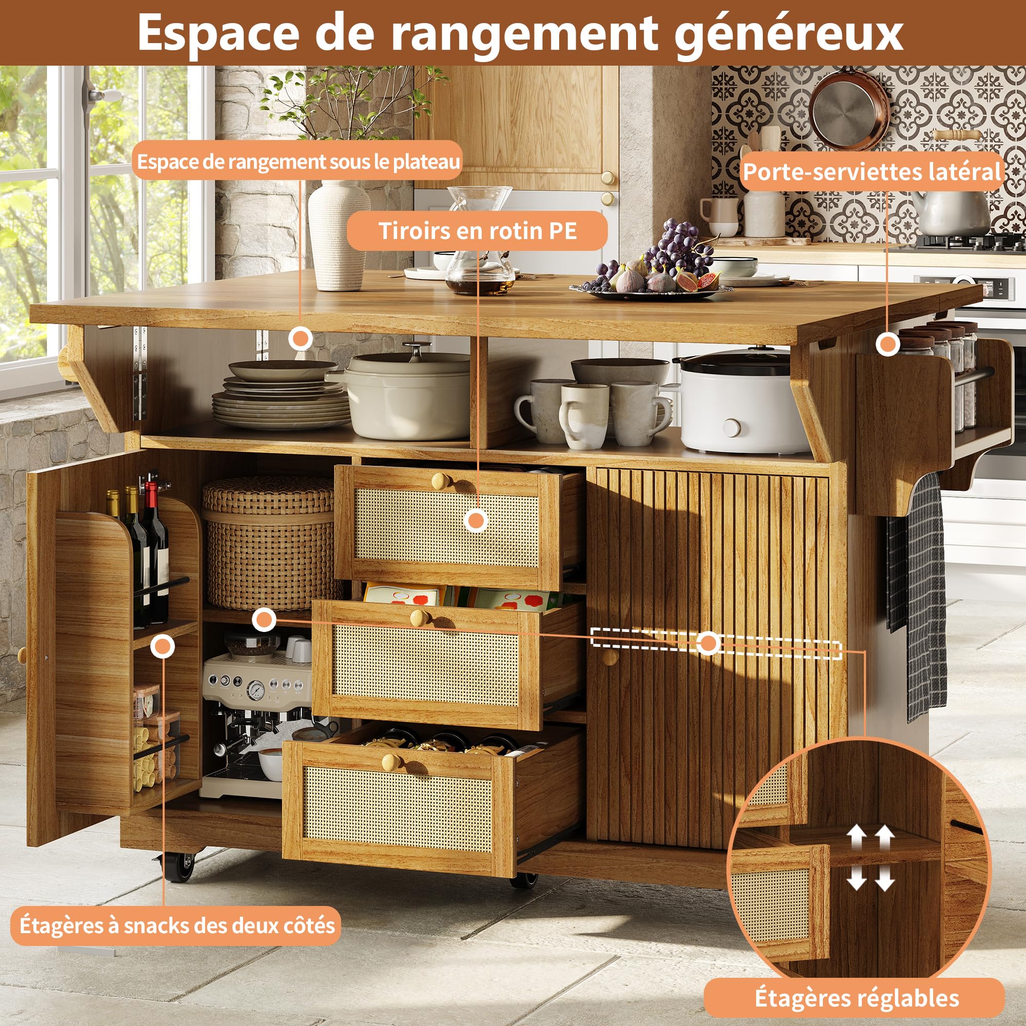 Desserte à roulettes Îlot de Cuisine 95 cm Extensible Multifonction, Plan Rabattable 3 Tiroirs, Gain de Place Cuisine Balcon Camping Appartement, Marron Foncé