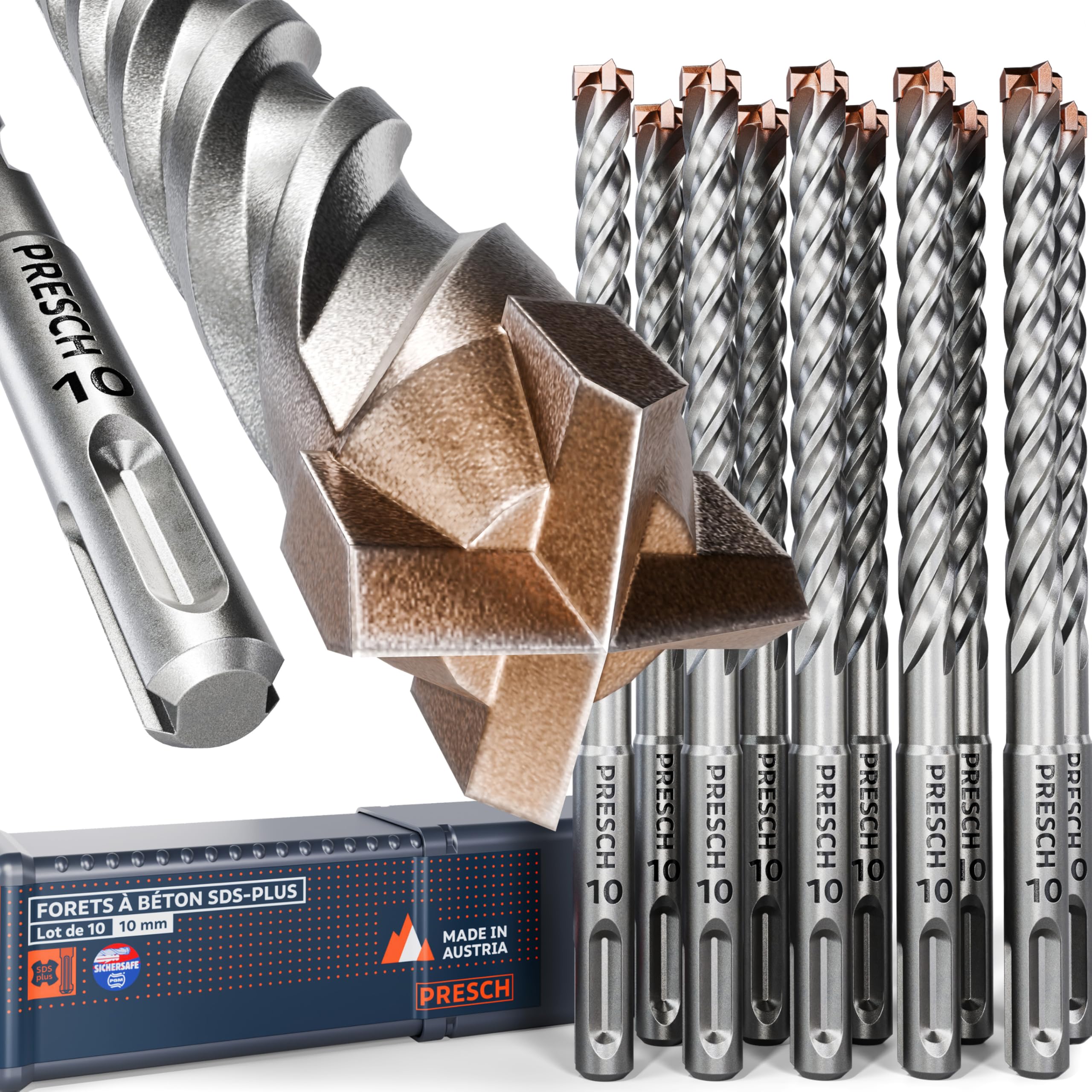 PRESCH Forets Béton SDS plus 10mm (10 pcs) – Mèche béton armé et pierre à 4 taillants carbure – Indicateur de profondeur de perçage – Foret SDS Plus robuste pour granit, brique et maçonnerie