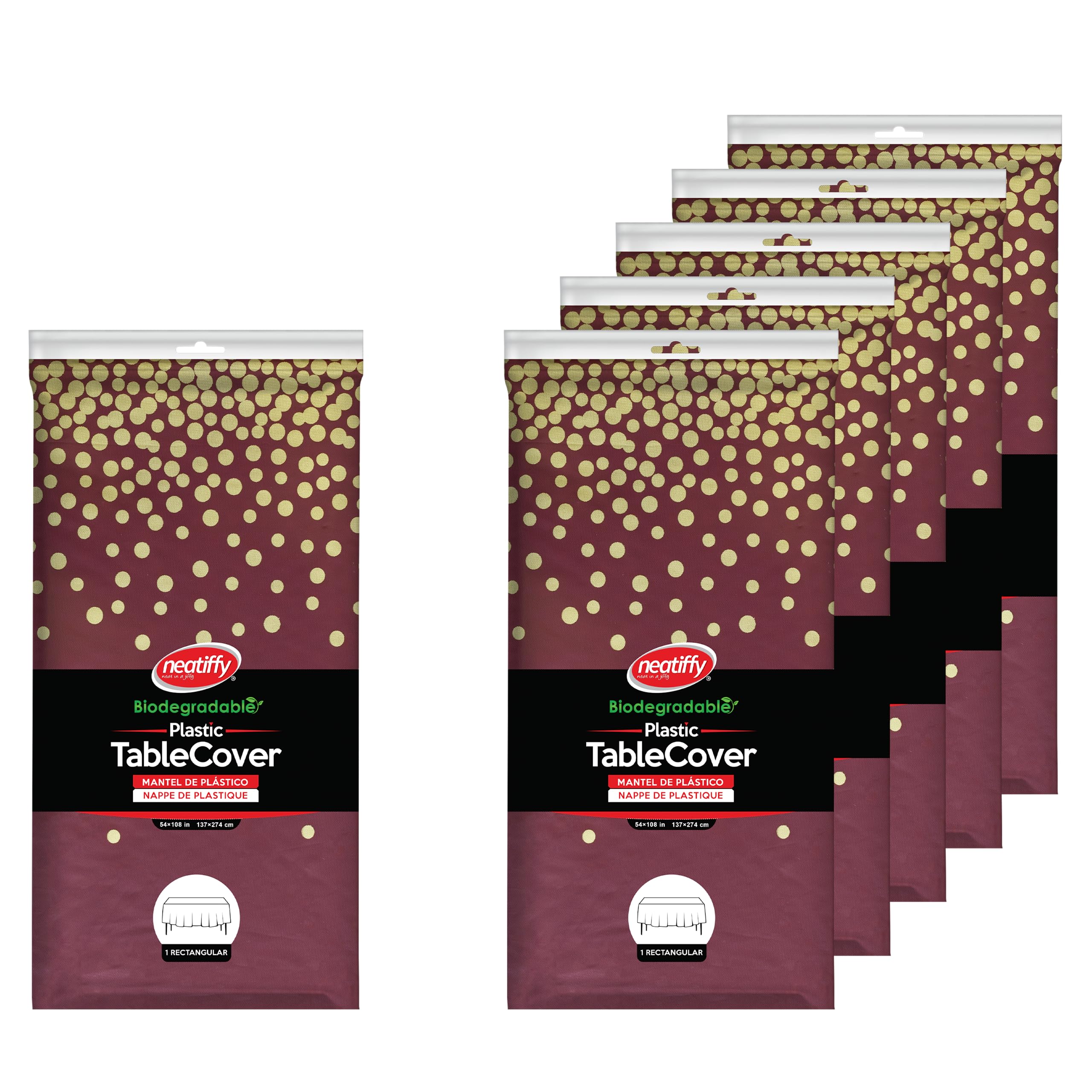 Neatiffy 54 in x 108 Inch 6Pack Rectangle Plastic Table Cloth | Waterproof Disposable/Reusable Tablecloth | Table Cover for Picnic, Party, Banquet, Birthdays (Burgundy Gold Dot)