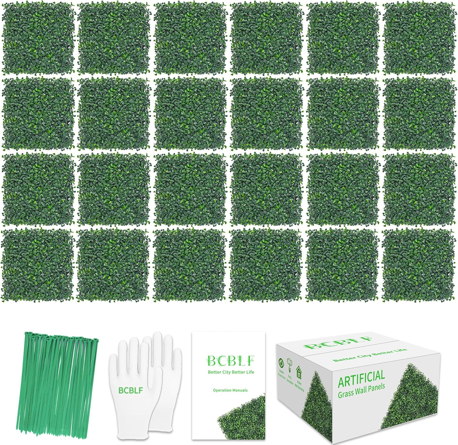 10"x10" 24Pcs Artificial Boxwood Hedge Panels UV Resistant Faux Greenery Wall Green Grass Wall Backdrop for Indoor Outdoor Decor Garden Patio