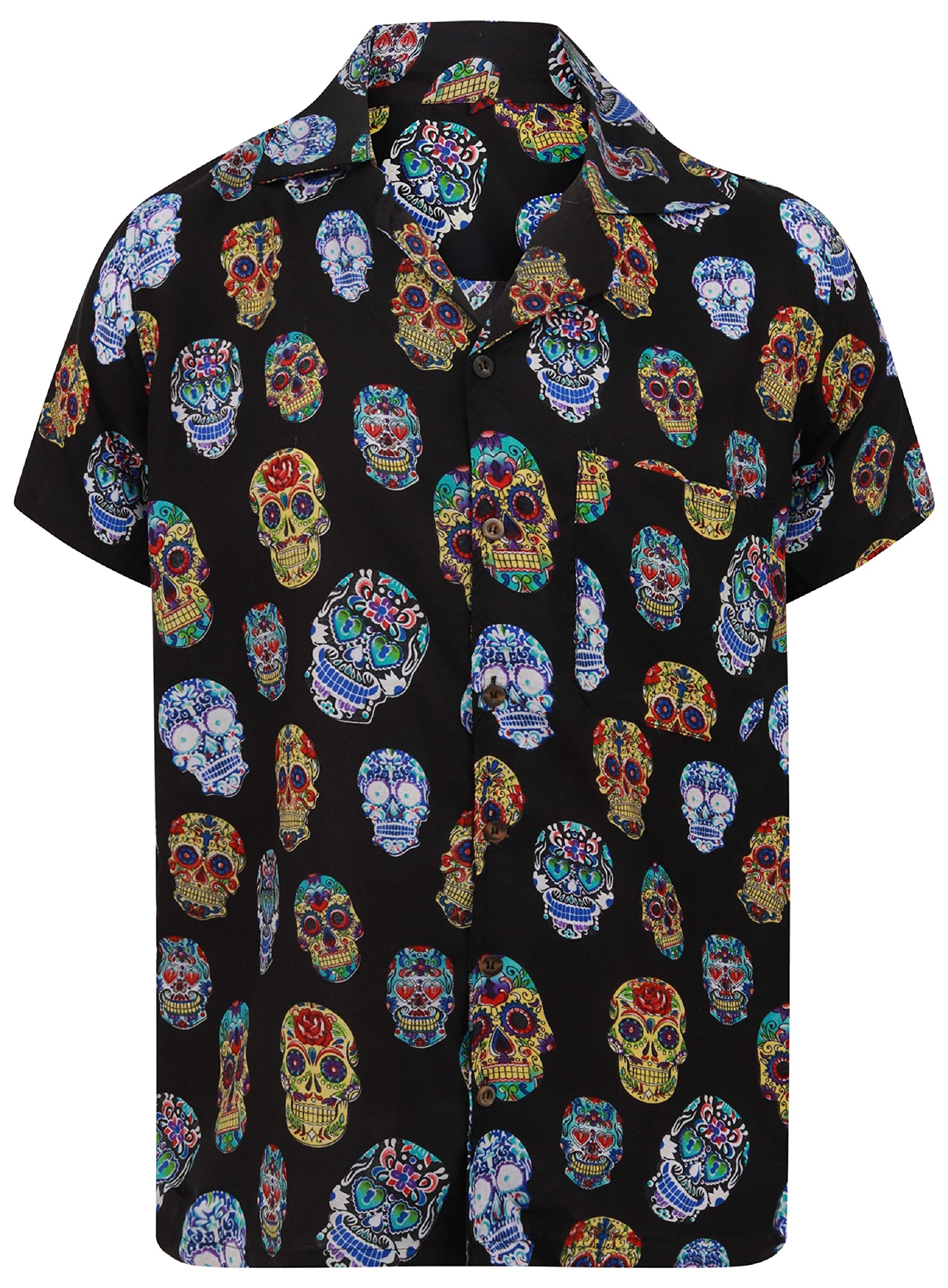 OE Menswear Sugar Skull Hawaiian Shirt Day of The Dead Casual Loud Halloween Shirt S-XXL (Small, Black)