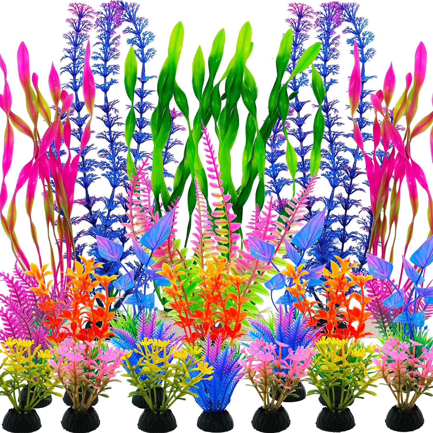 SLOCME Lot de 25 plantes artificielles colorées pour aquarium - Grandes décorations d'aquarium en plastique pour Betta et poissons rouges - Plantes douces réalistes avec fond lesté