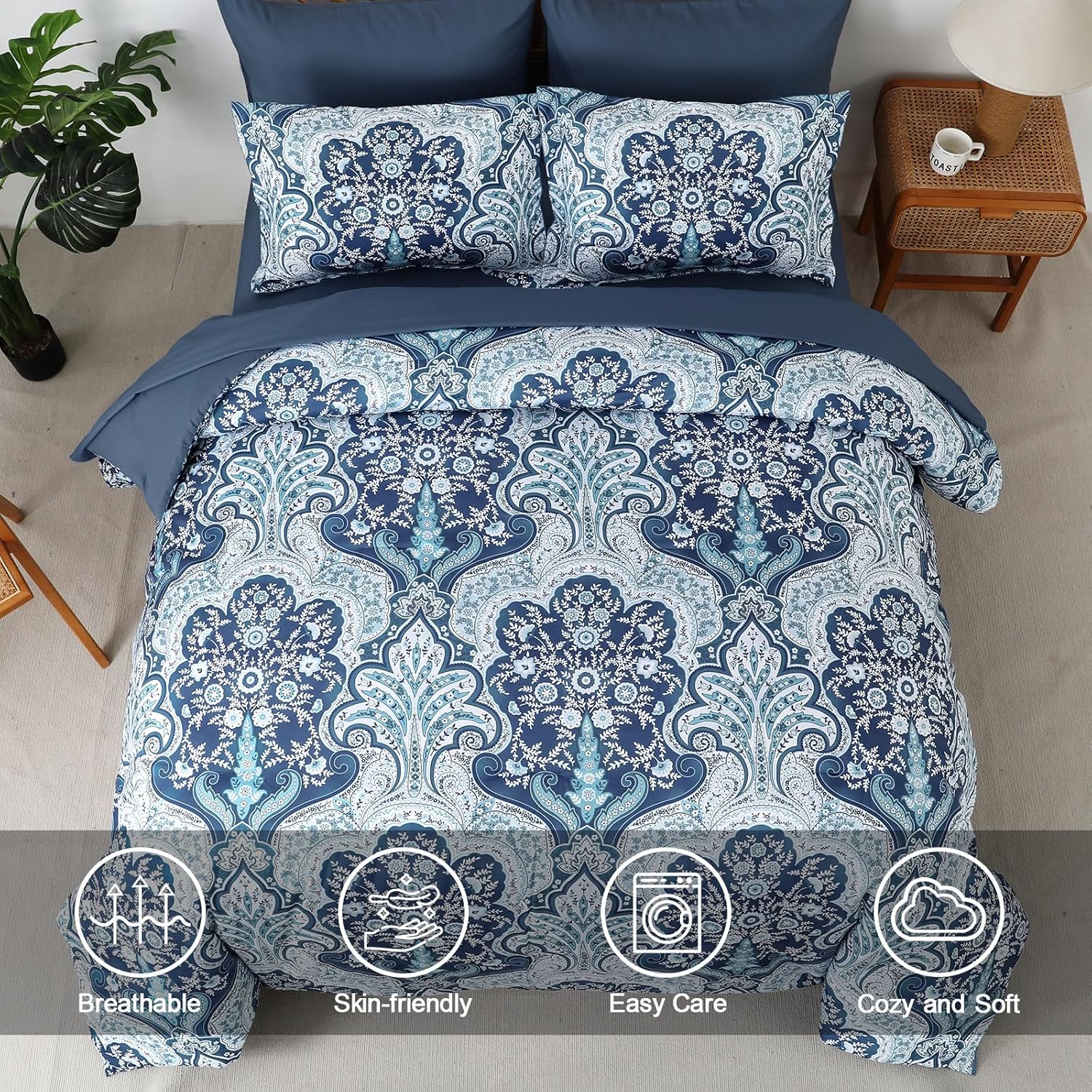 Drucon Paisley Comforter Set Queen Size, 7 Pieces Bed in a Bag Blue Boho Comforter, Soft Lightweight Microfiber Bedding Set (1 Comforter, 1 Flat Sheet, 1 Fitted Sheet, 2 Pillow Shams, 2 Pillowcases) - Image 3