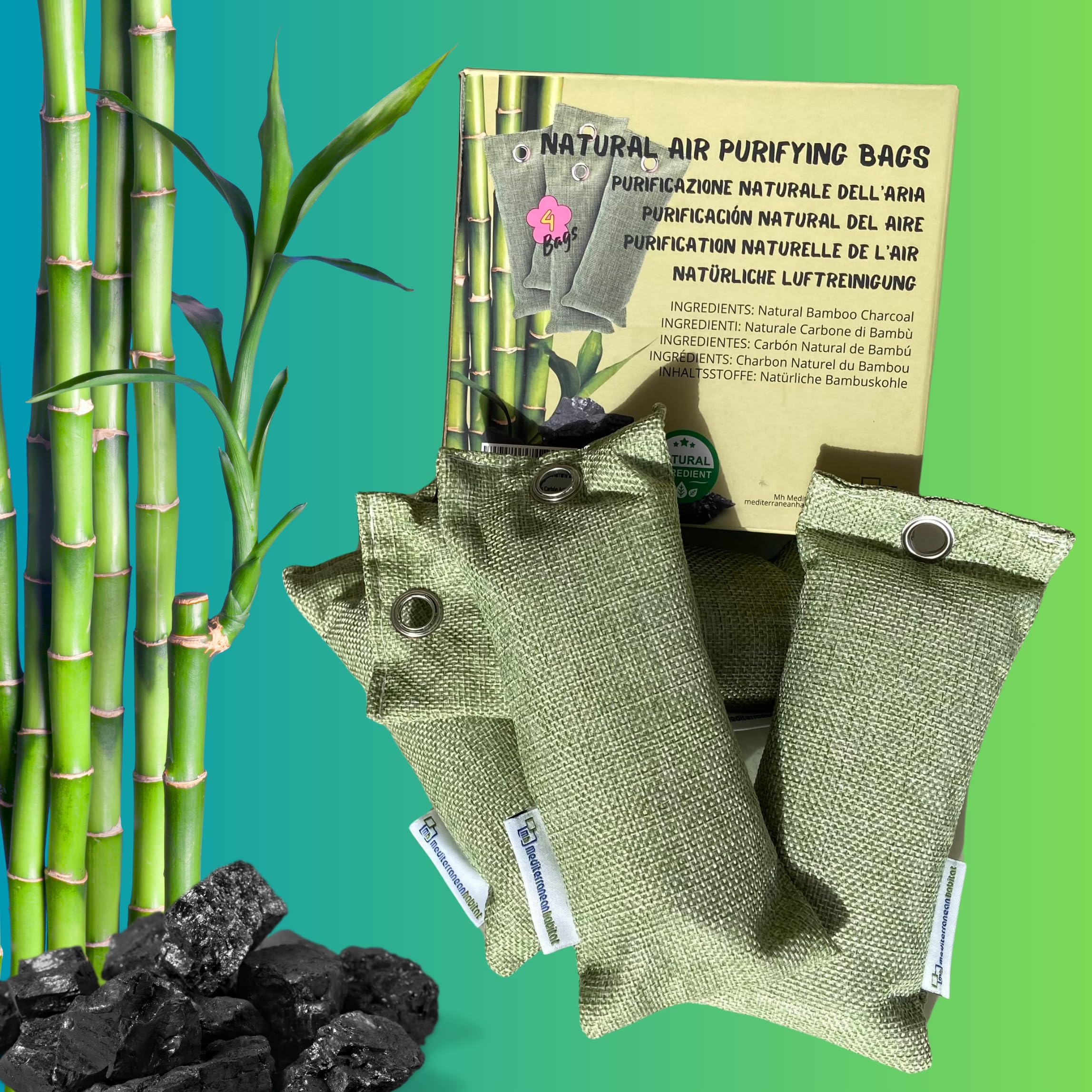 Saquitos Carbón Activo Bambú | Deshumidificador y Purificador de Aire | Neutralizador de Olores| Carbon Activado Olores | Bambu Charcoal | Para Armarios, Cajones, Zapatillas | Pack 4x75g
