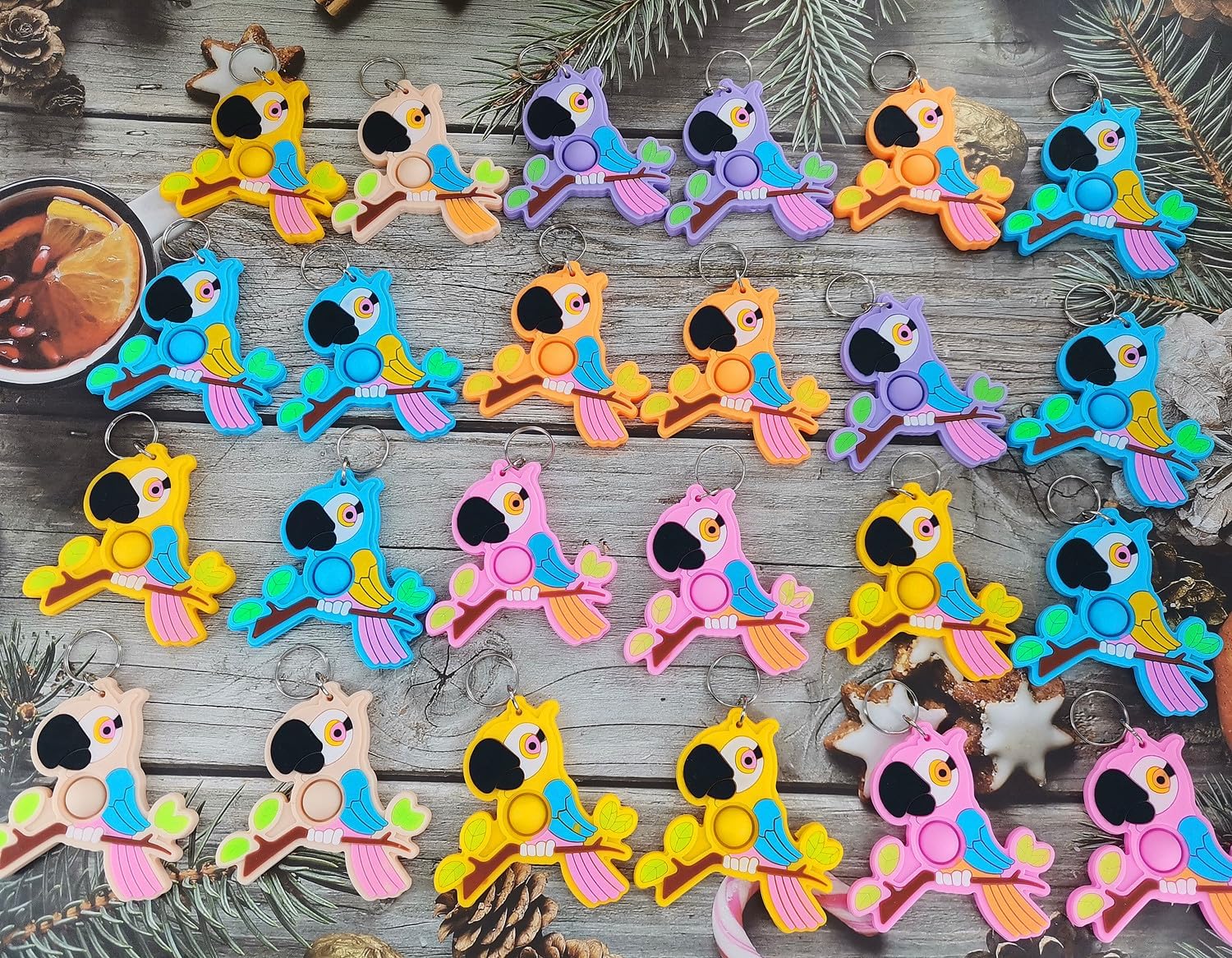 24 Packs Bulk Birds Animal Mini pop Fidget Keychain，Birthday Party Favors Supplies and Classroom Summer Student Prize Gifts