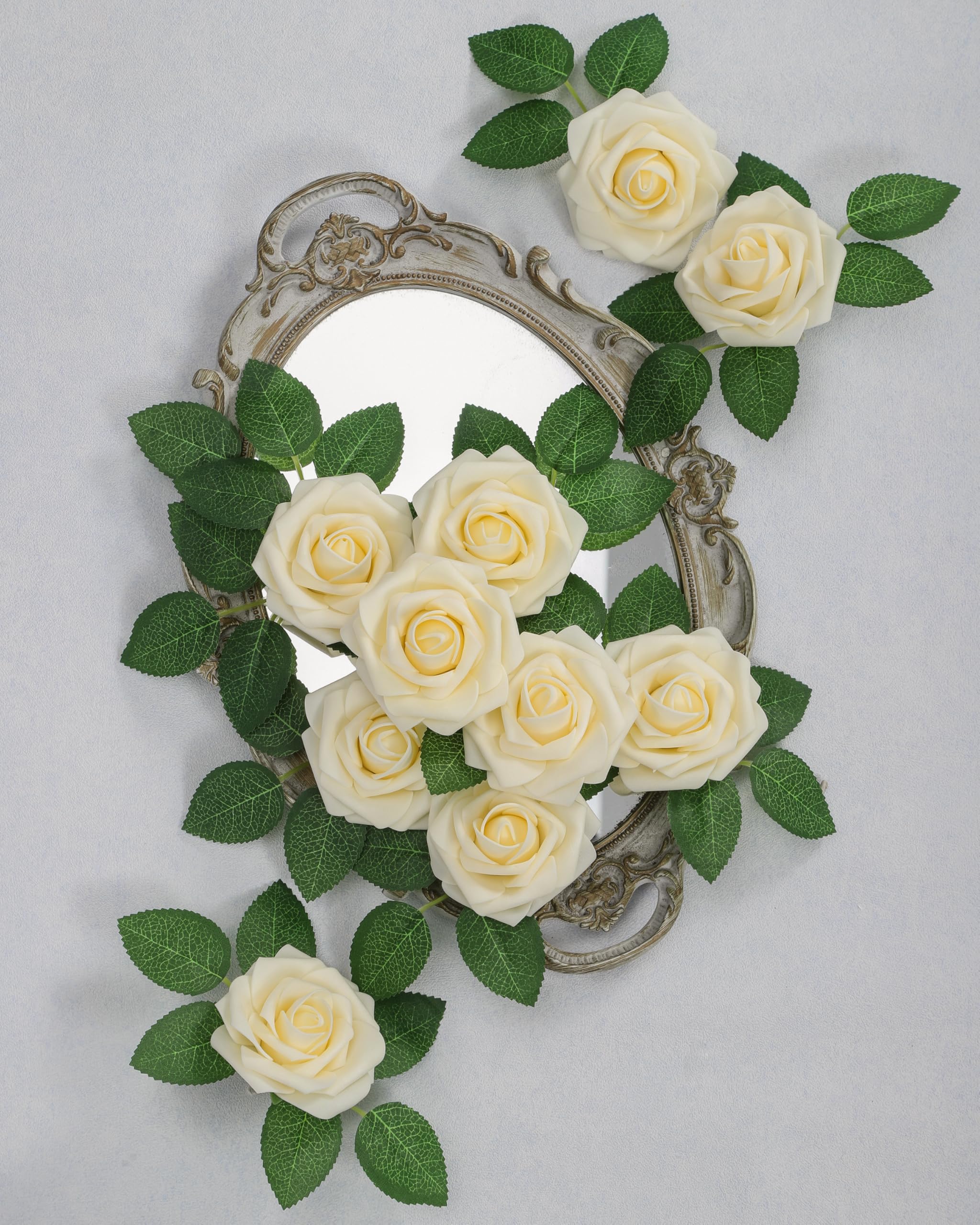 DuHouse 25Pcs Artificial Roses Flowers Fake Rose with Stems Real Touch Foam Flower Head for DIY Wedding Bridal Bouquet Baby Shower Centerpiece Floral Arrangement Party Home Decor(Light Champagne) - Image 2