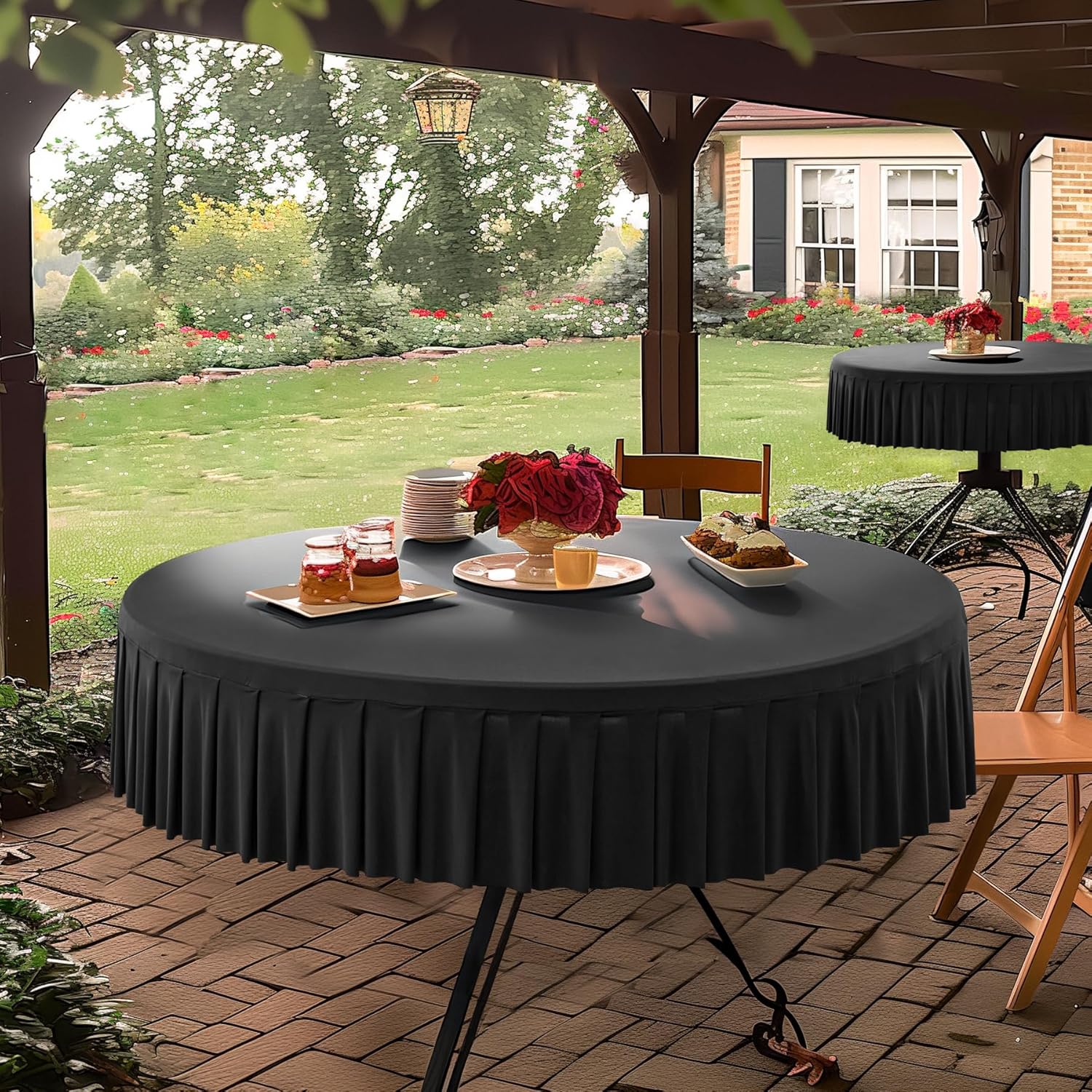 8 Pack Black Round Spandex Tablecloth for 72 inch Table, Wrinkle Free Stretchy 120inch Fitted 6FT Round Table Cloths Cover with Skirt for Wedding Birthday Party Dining Banquet Events