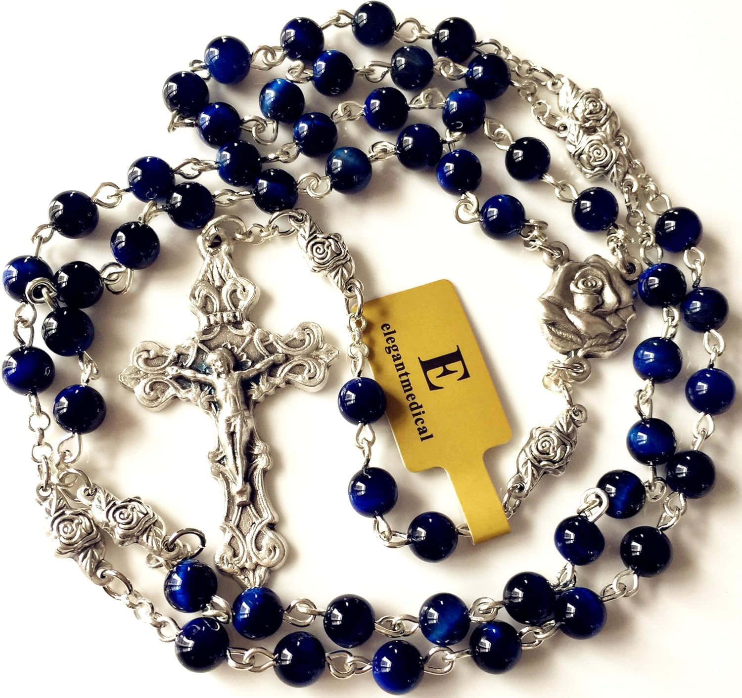 elegantmedical HANDMADE Blue Tiger Eye Beads & Silver Rose Beads ROSARY CROSS Crucifix Necklace box - Image 3