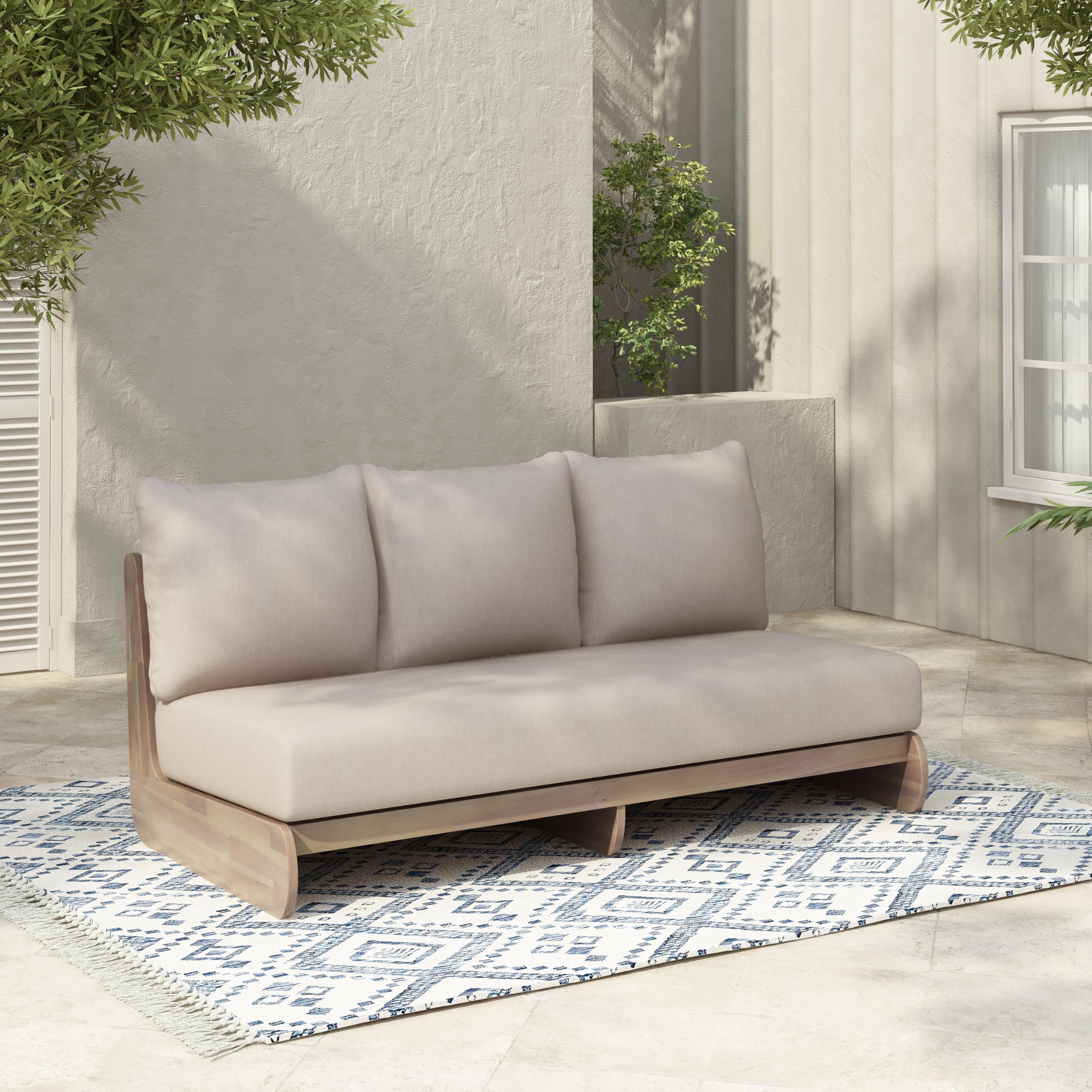 Photo 1 of ***BROKEN PIECES***Christopher Knight Home Poppy Acacia Wood Outdoor 3 Seater Sofa with Cushion, Wooden Patio Sofa Couch with Cushion, Comfy Armless Cloud Sofa Couch, Patio Furniture Sofa Set, Teak+Olive Green