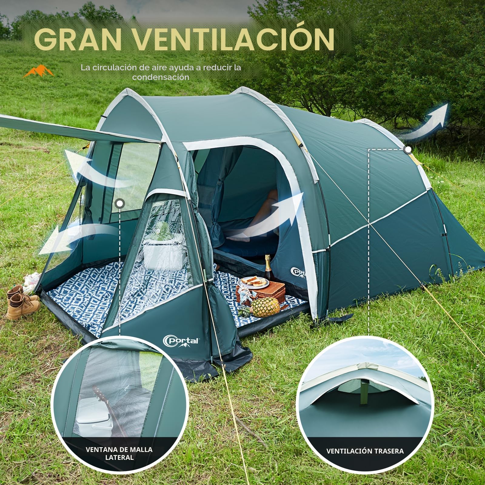 Portal Tienda de Campaña Familiar para 2 a 3 Personas Impermeable 3000mm Tienda de Camping con Porche y Lona de Suelo Cosida Tienda Festivales