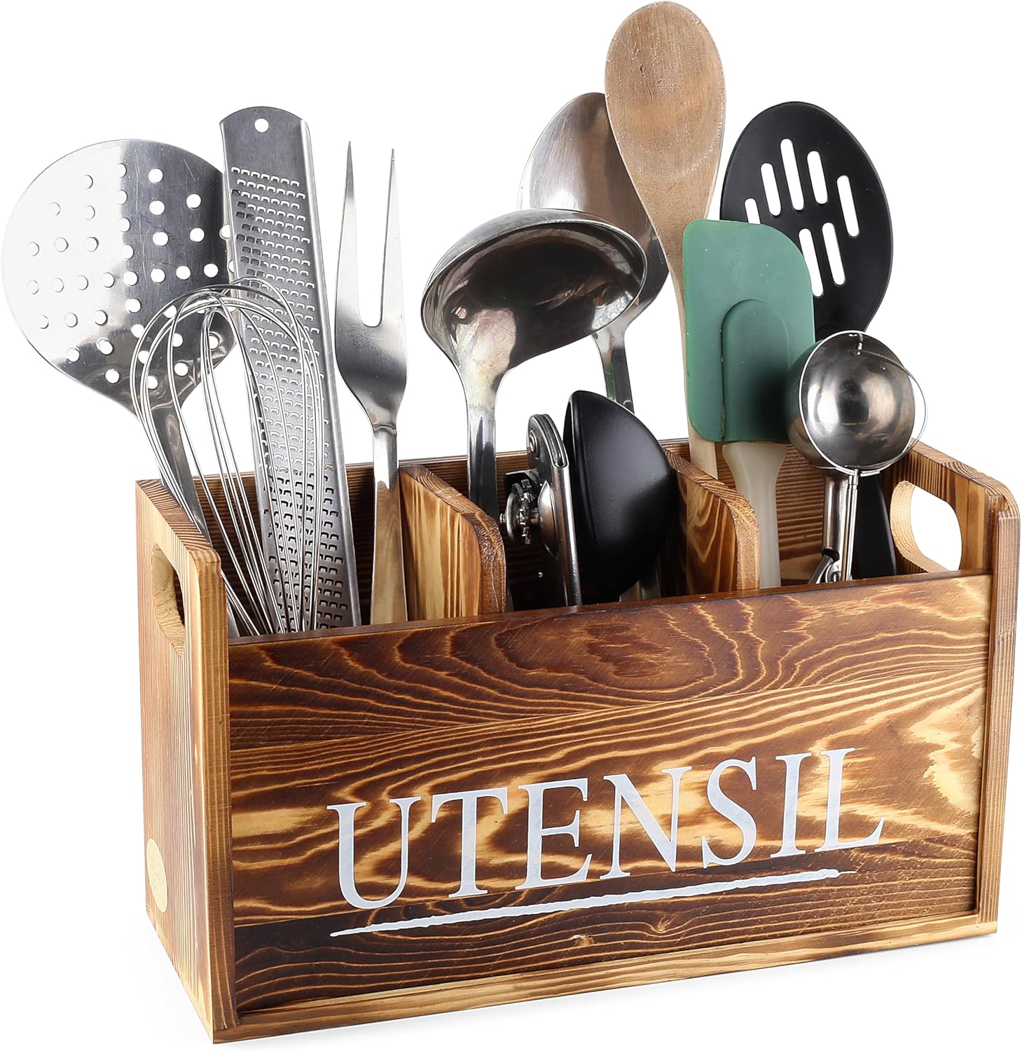 Kitchen Utensil Holder Nice Size Utensil Holder for Kitchen Counter 3 Compartment with removable front bar for Efficient Utensil Organizer and Cooking Tools Storage (Rustic Brown)