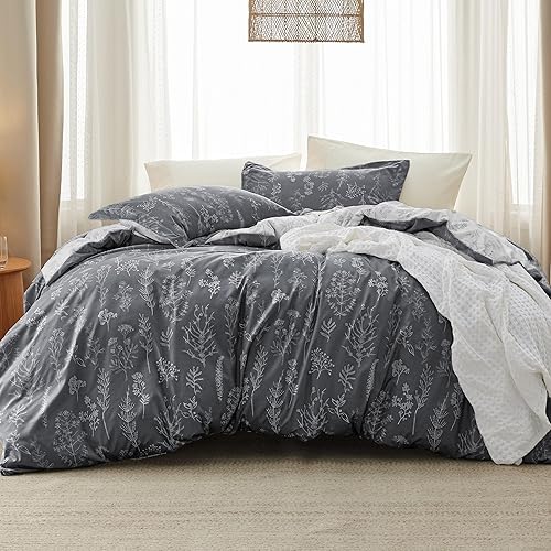 Bedsure Juego de edredón Queen  Edredón gris oscuro, bonito juego de edredón floral, 3 piezas, 1 edredón reversible suave de flores botánicas y 2
