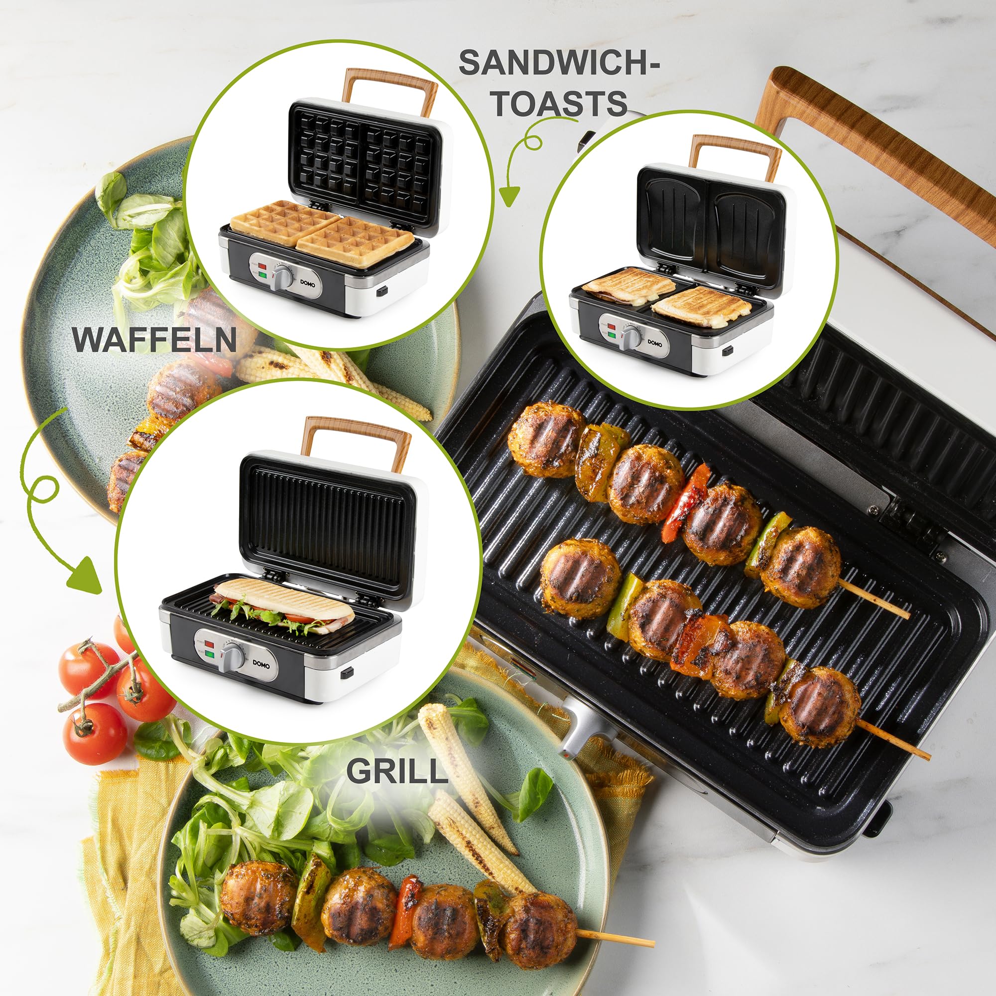 DOMO DO9277C Snackmacher 3-in-1 - Sandwichmaker - Waffeleisen - Kontaktgrill - 1100W - Weiß