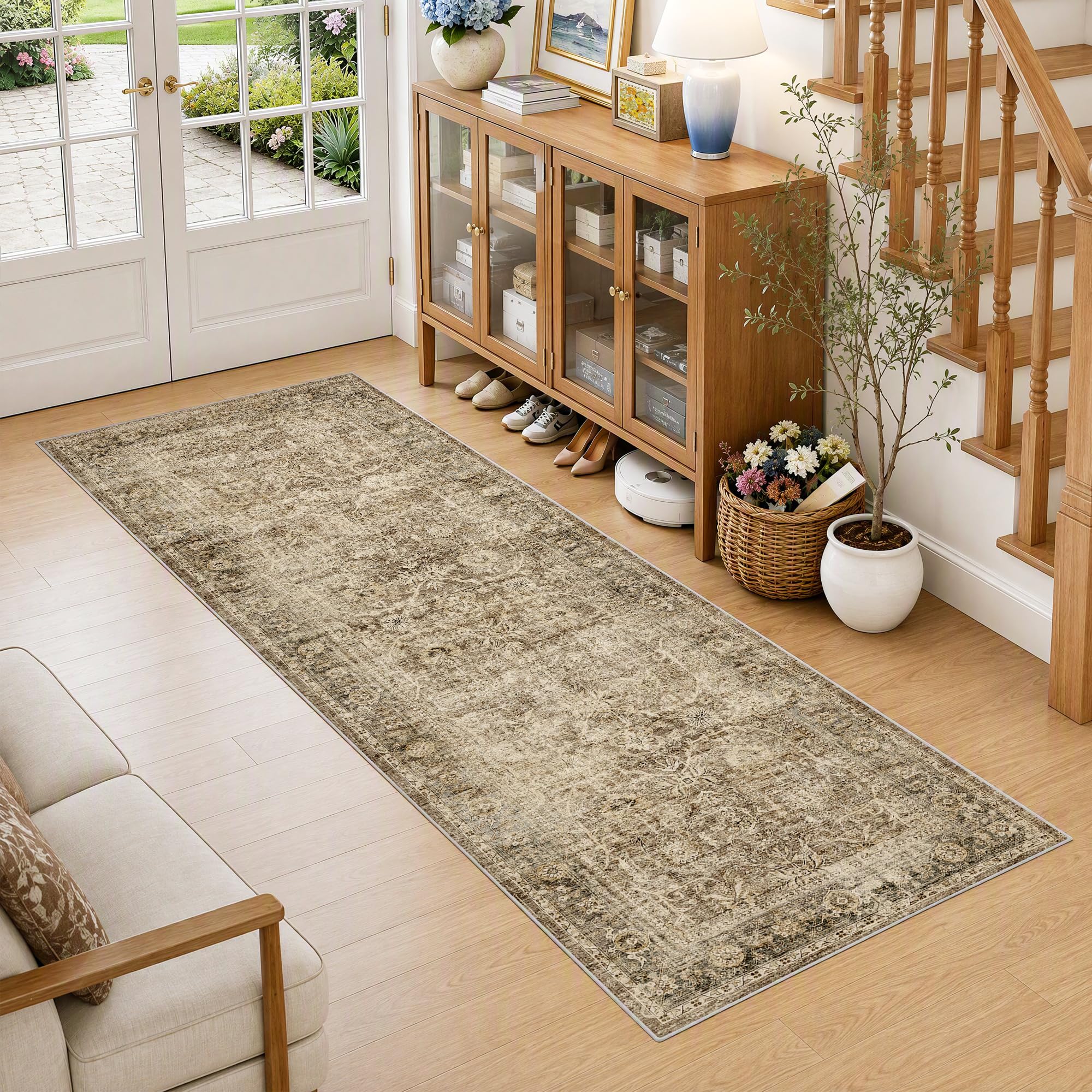 FMFUNCTEX 2x5 Hallway Runner Rug Washable Brown Neutral Vintage Distressed