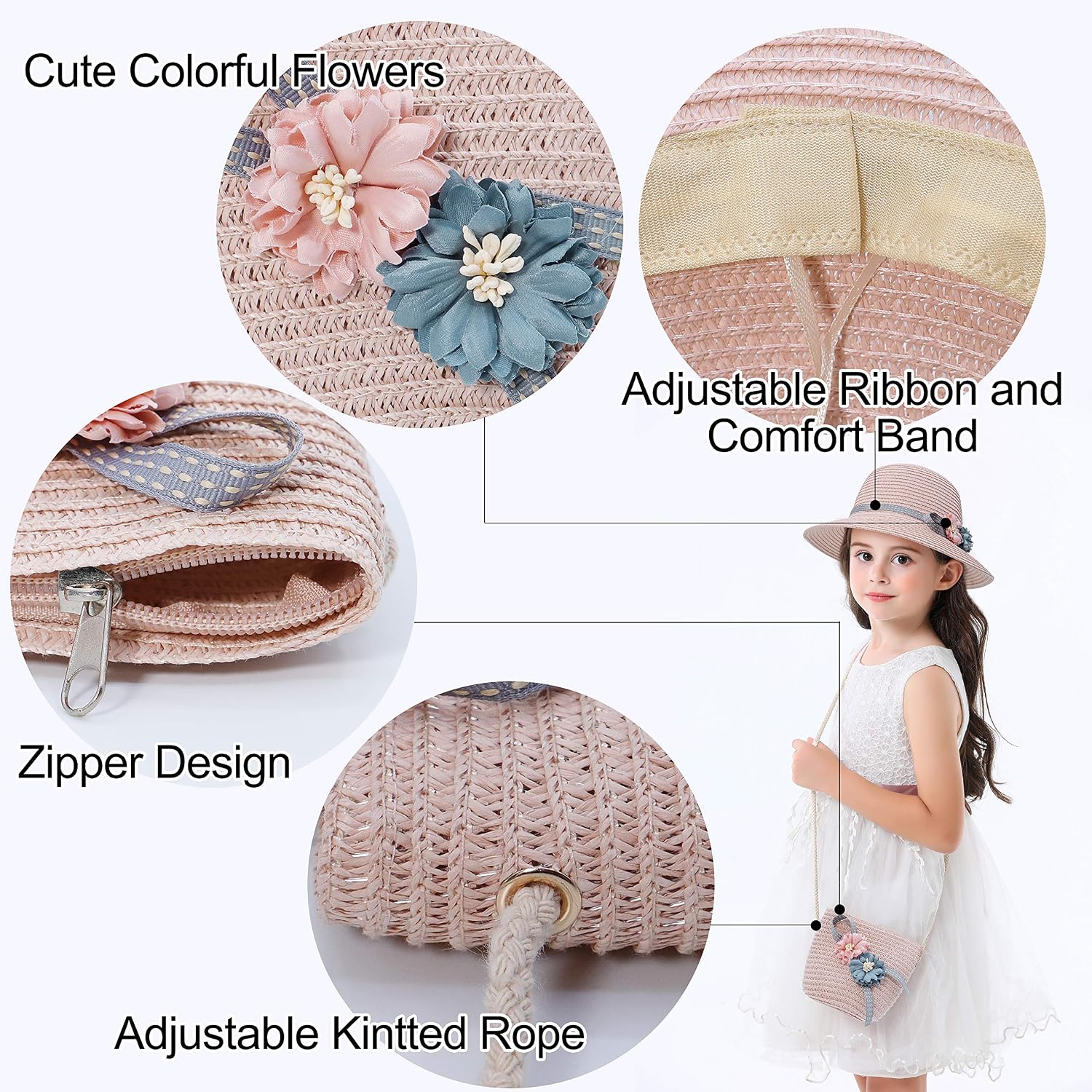 Bienvenu Girls Straw Hat with Pocket Girls Sun Hat Set Straw Suit