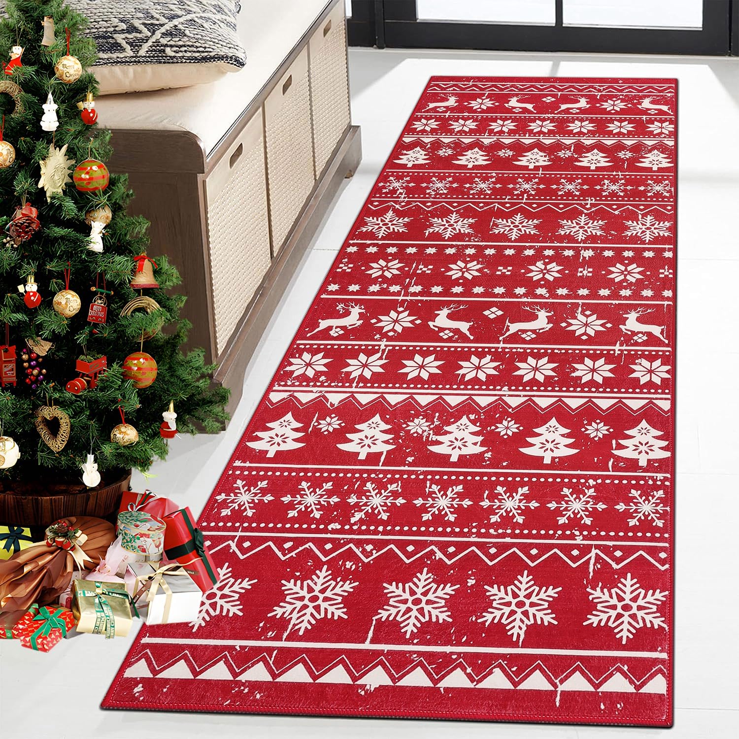 SHACOS Alfombra de Pasillo Navidad 60x180cm Alfombra Corredor Pasillo Pelo Corto Antideslizante Alfombra Entrada Interior Larga Alfombra de Área Decorativa Navideña para Pasillo, Cocina, Lavandería