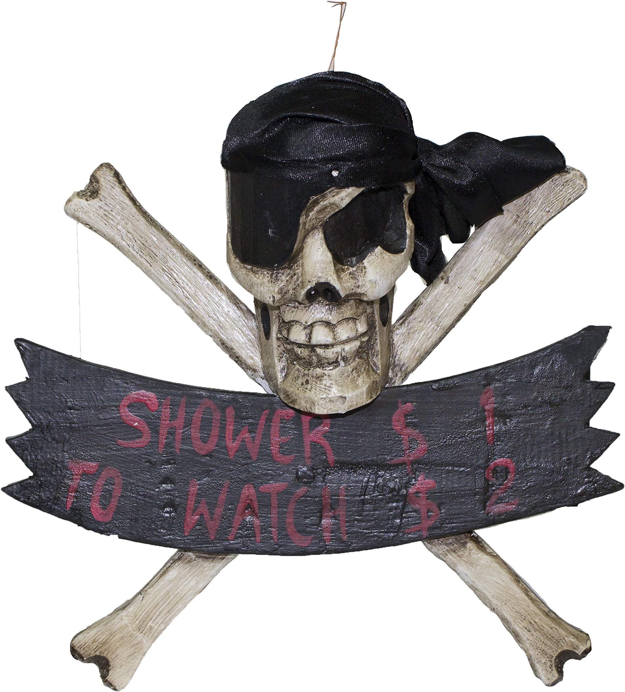 Funny Hand Made Wooden Pirate Skull & Crossbones Shower Sign (Black)