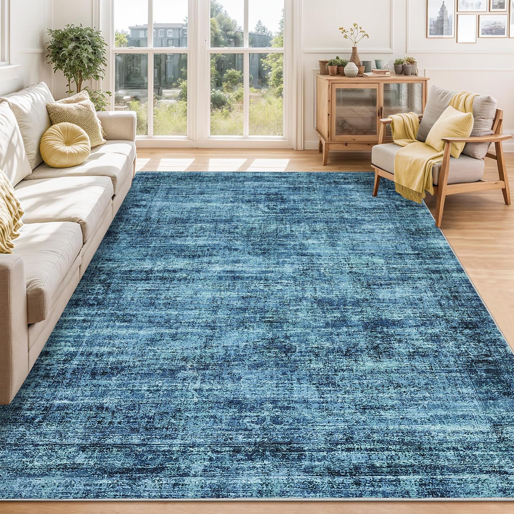 Washable Area Rugs 4x6 for Living Room, Soft Vintage Distressed Large Bedroom Rug Foldable Indoor Floor Carpet, Retro Low Pile Non-Slip Throw Rugs for