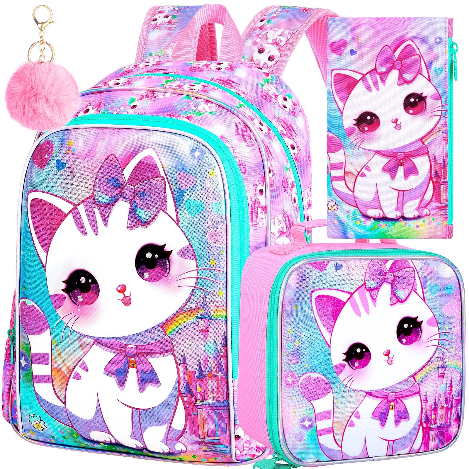 WZLVO 3PCS Cat Backpack for Girls, 16'' Kids Preschool Bookbag with Lunch Box, Cute Animal Water Resistant School Bag for Elementary Kindergarten