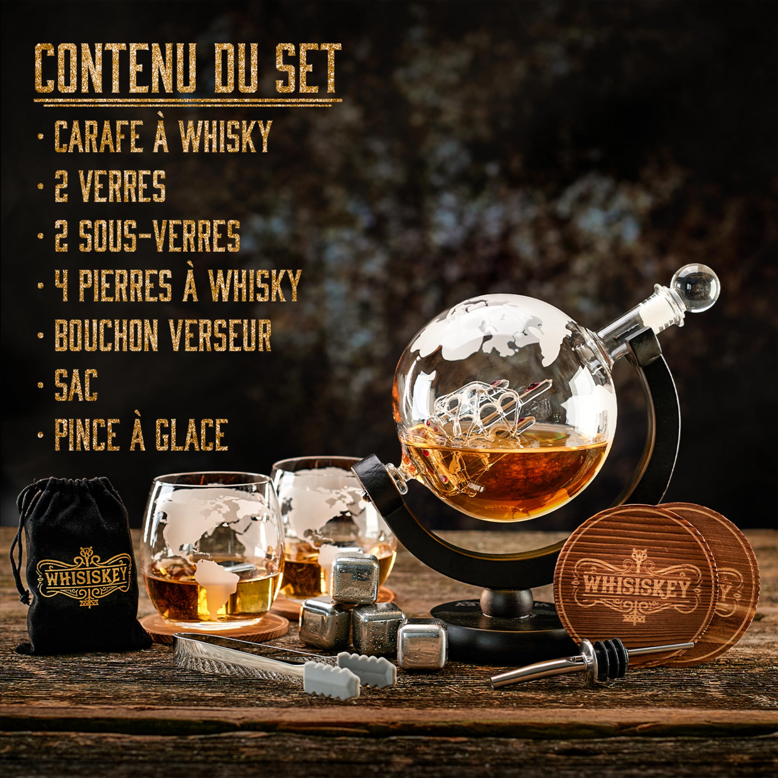 WHISISKEY Carafe Whisky - Carafe à Whisky - 900ML - Coffret Cadeau Homme - Coffret Whisky Luxueux - Idee Noel - Decanter avec 2 Verre à Whisky, 4 Pierre a Whisky, Whiskey Accessories