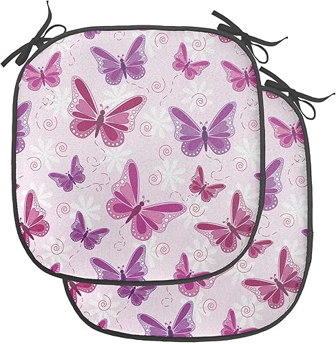 Ambesonne Juego de 2 cojines de asiento para silla morados, mariposas abstractas sobre fondo floral, ilustración romántica femenina, acolchado de