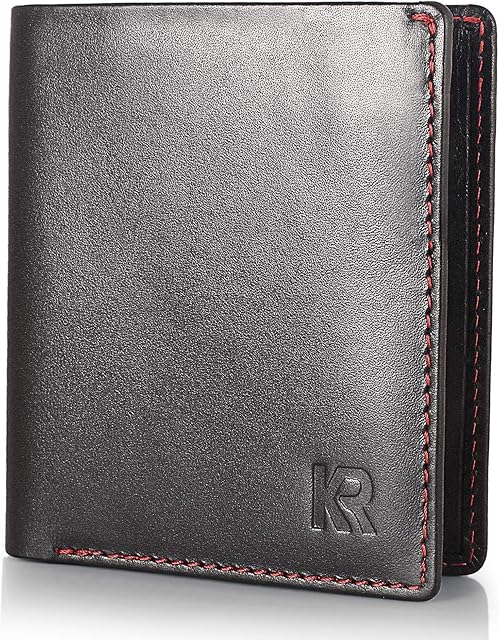 KRONIFY Odysseus mini portfel męski wykonany ze skóry I idealny rozmiar do kieszeni spodni I przetestowana przez TÜV ochrona RFID I czarny portfel z czerwonymi akcentami I portfel I portfel dla mężczyzn