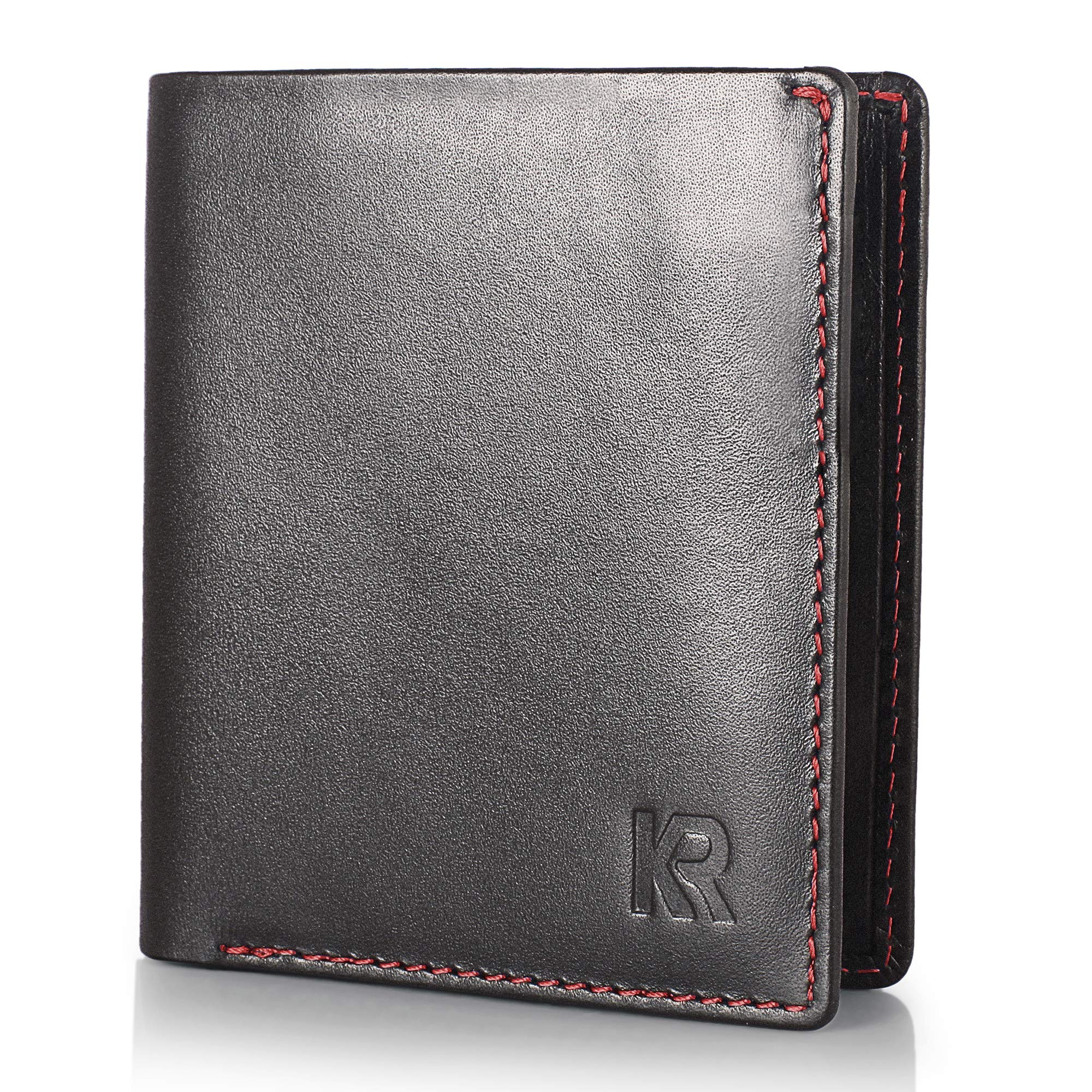 KRONIFY Odysseus Mini Wallet for Men Made of Leather I Perfect Size for The Trouser Pocket I TÜV Certified RFID Protection I Black Wallet with red Accents I Purse I Wallet for Men