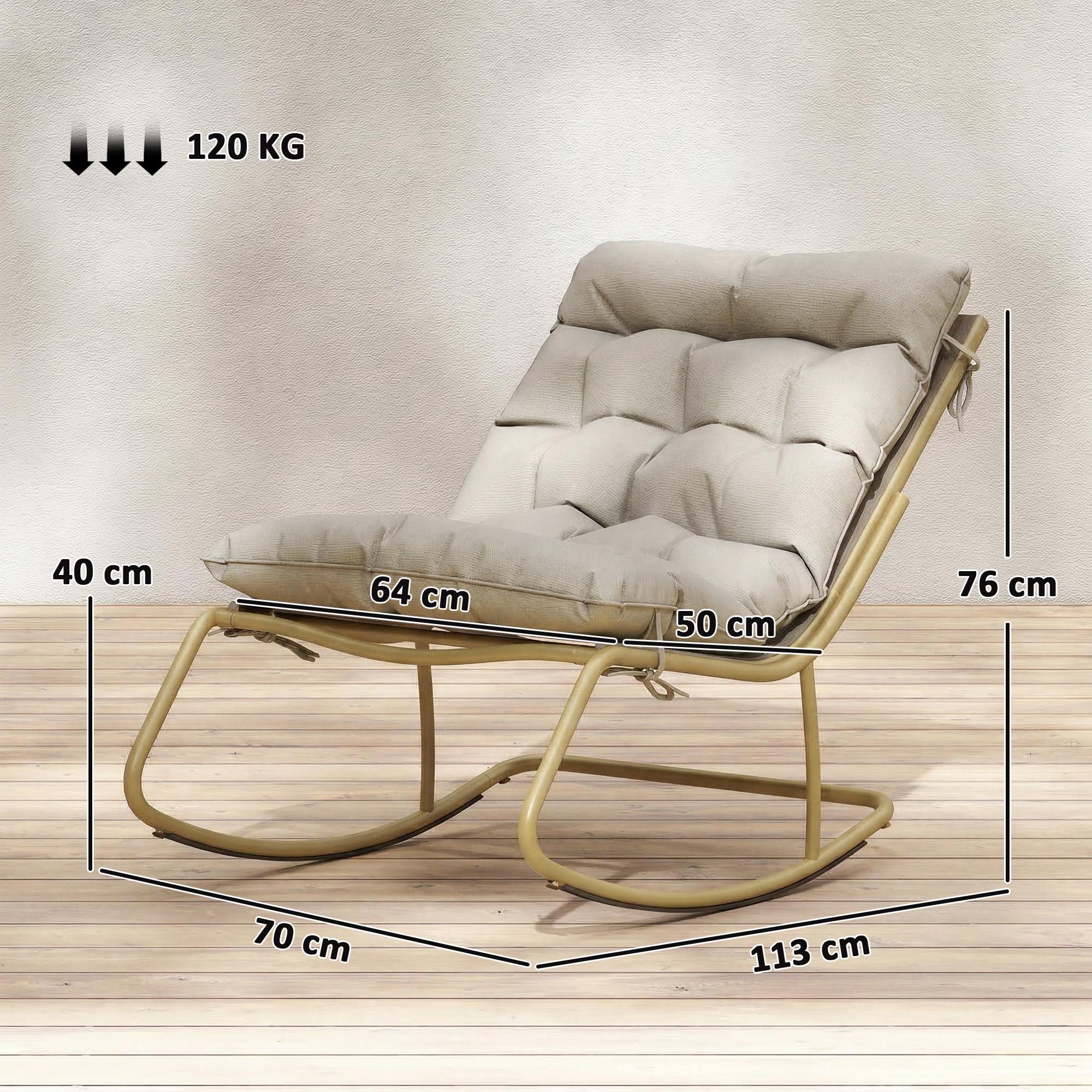 Outsunny Fauteuil à Bascule Extérieur avec Coussin Moelleux 125cm - Rocking Chair Large 64cm en Acier et Textilène - Chaise Bercante de Salon et Balcon, Beige et Doré